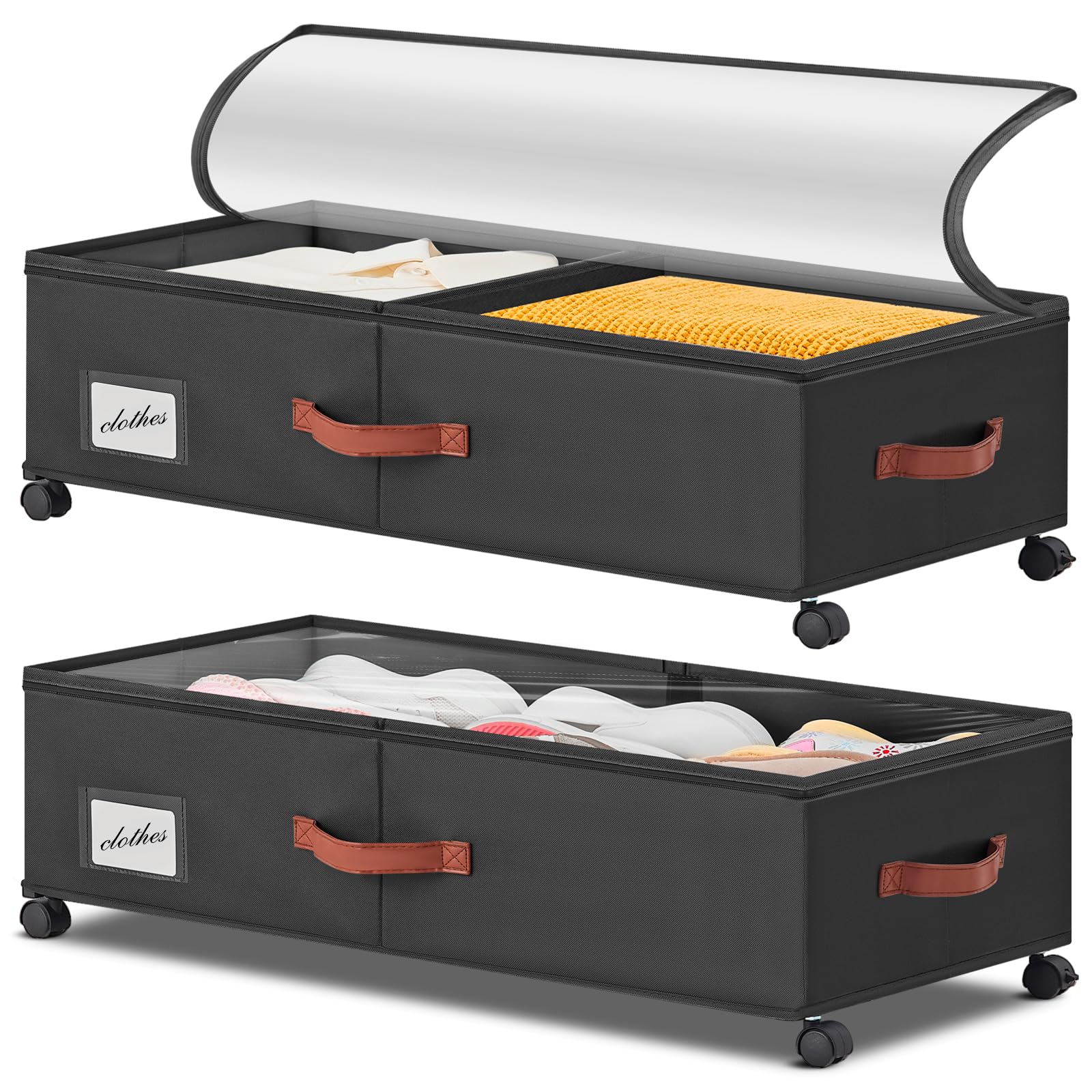 YICSAM Black 9.5 inch height Under Bed Storage With Wheels Large Capacity Durable Frame Dustproof Clear Lid Easy Installation #5749848518913