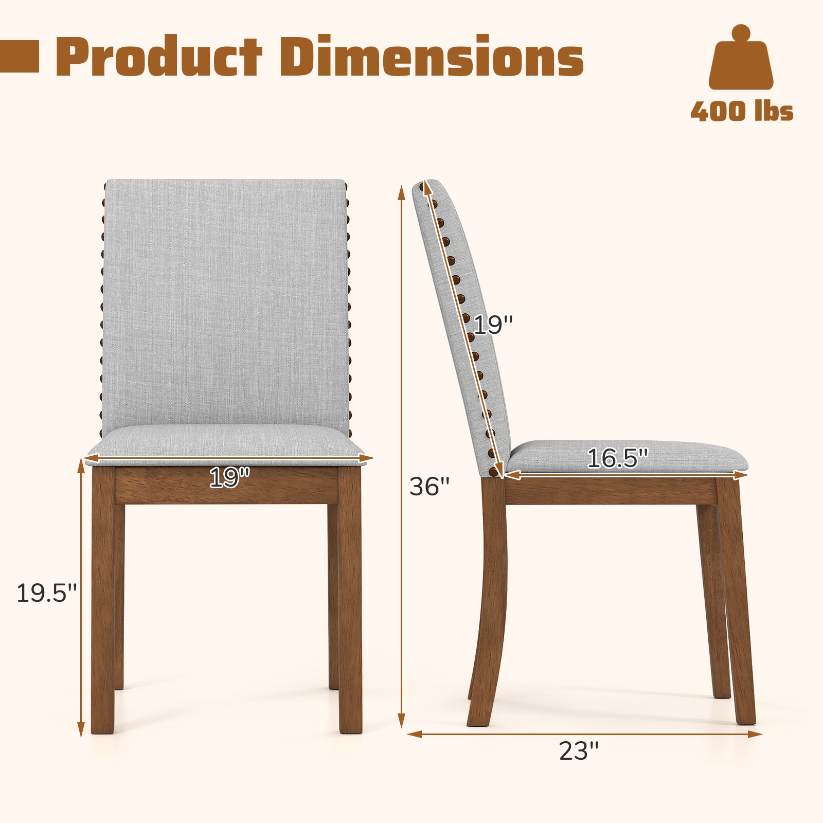 SUGIFT Set Of 2 Upholstered Padded Seat Nailhead Trim Rubber Wood