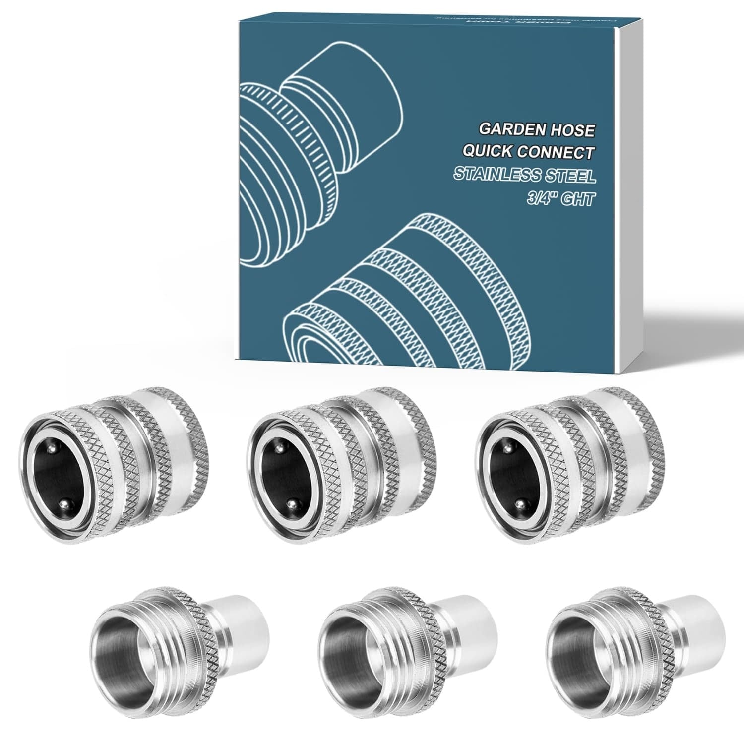 Angel Sar 3-Pack 3/4in GHT Quick Connect Stainless Steel Leak-Resistant Water Hose Fittings Set