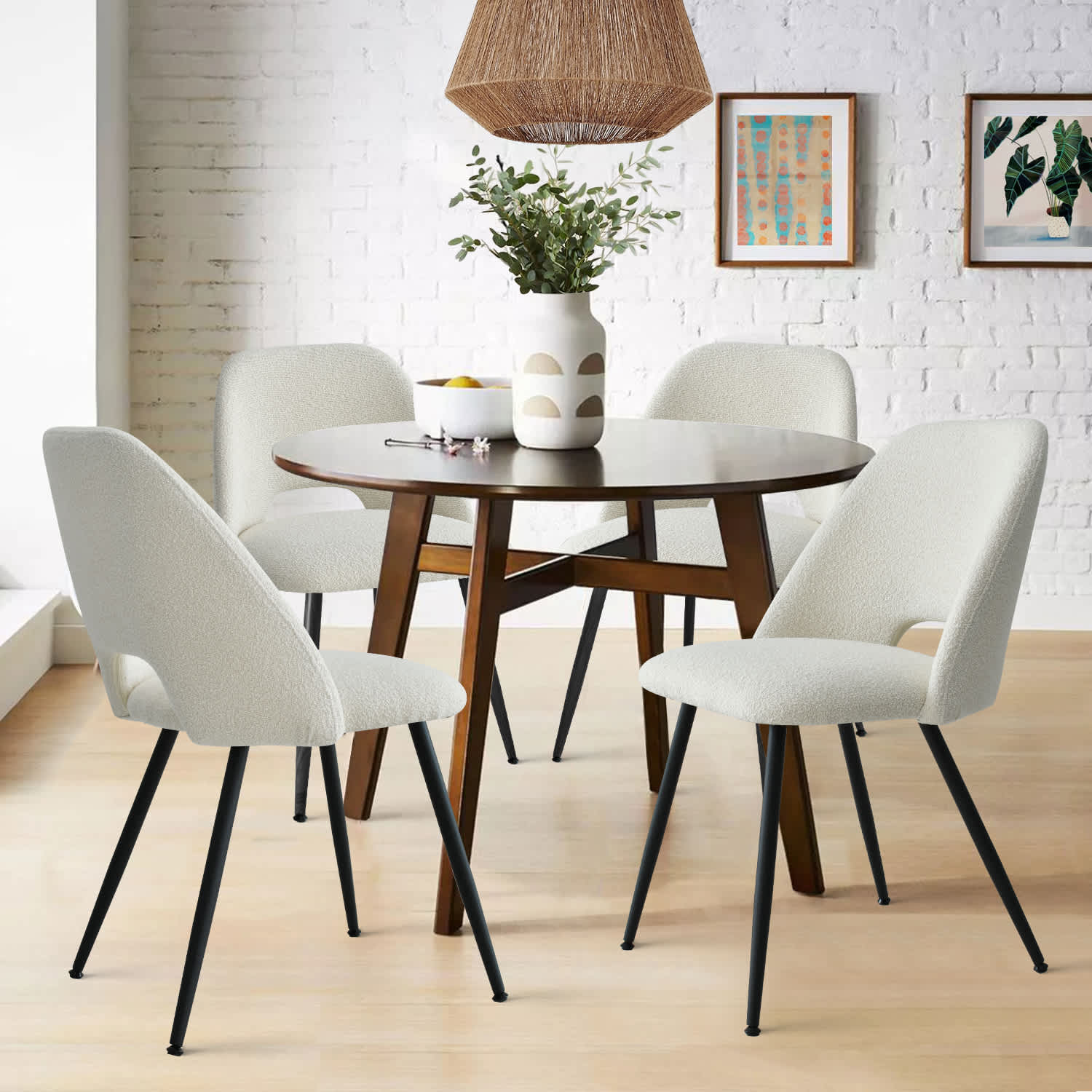 Maison Boucle EDWIN-CHR-SBO-BEIGE4 Set of 4 Modern Beige Boucle Upholstered Dining Chairs with Black Metal Legs for Dining Room