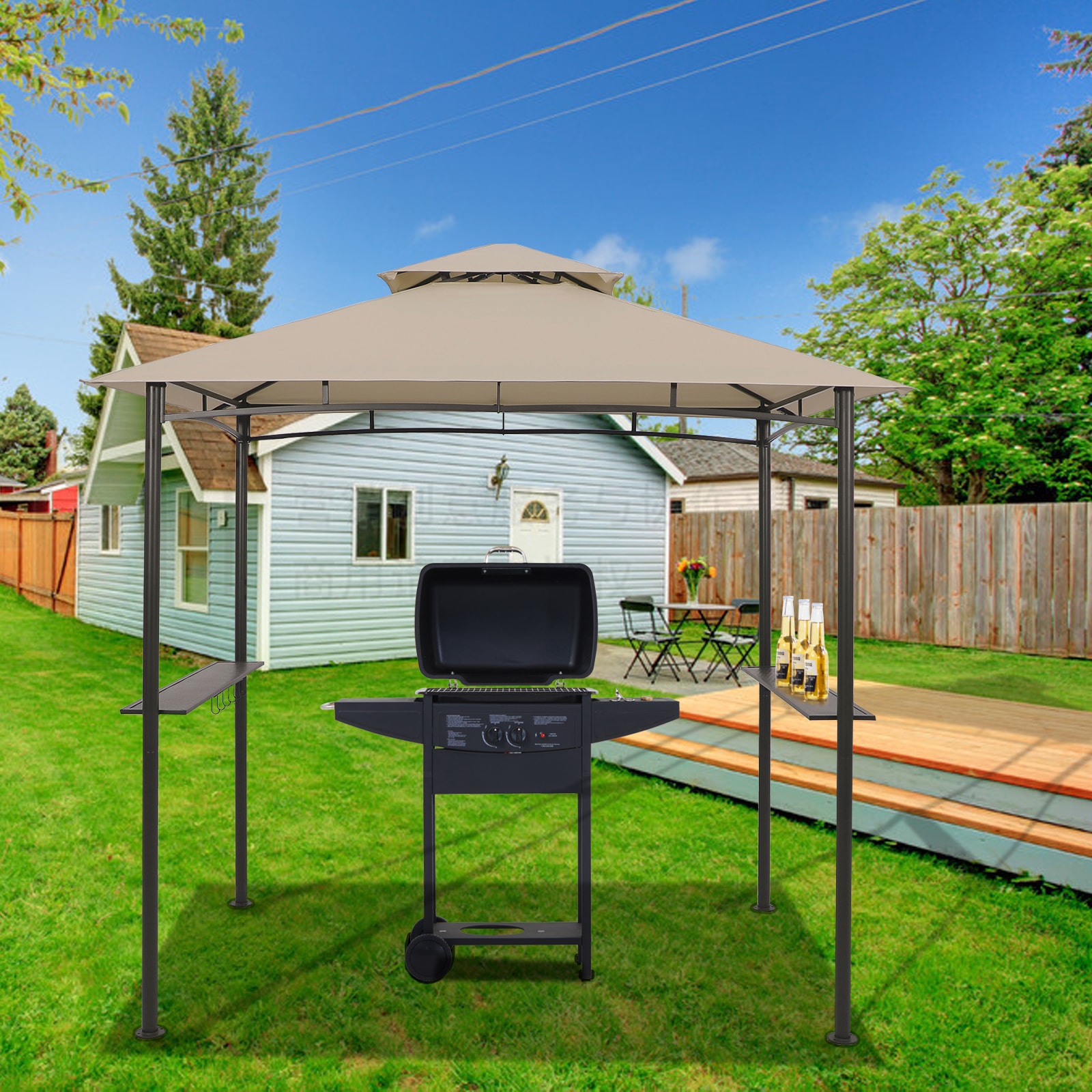 StarEcho SKPN-CREAM 8-Feet x 5-Feet Grill gazebo Rectangle Khaki Metal Polyester Roof Grill Gazebo