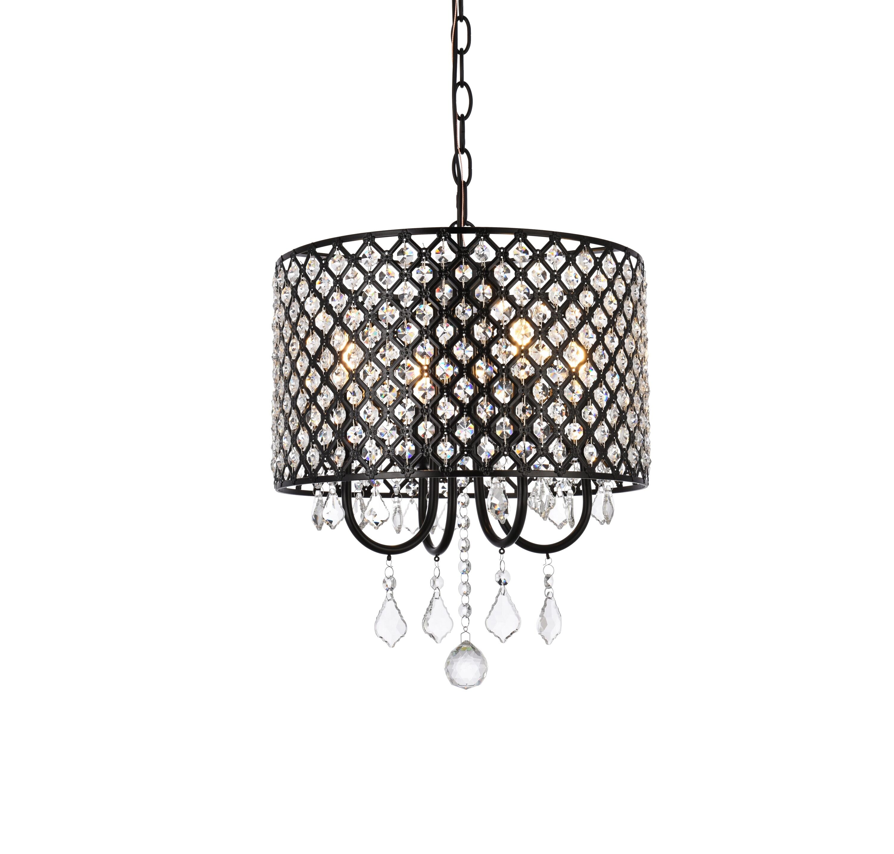 Elegant Crystal and Iron Black Drum Pendant with Lattice Shade