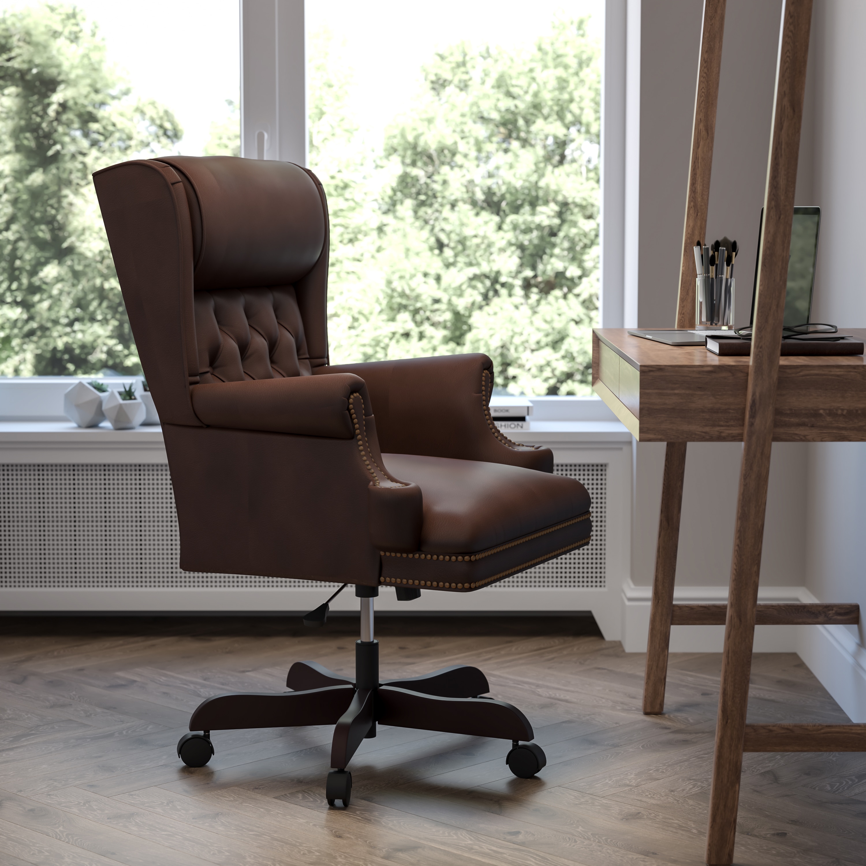 Ergonomic High-Back Executive Chair in Brown LeatherSoft with Mahogany Wood Base