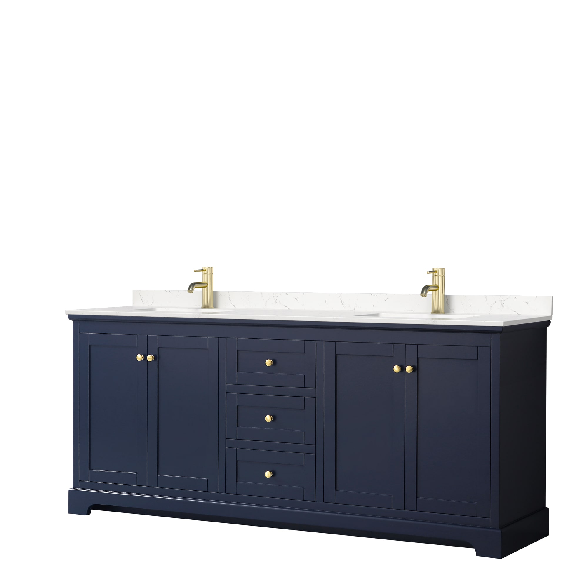 Wyndham Collection WCV232380DBLC2UNSMXX Avery 80-in Dark Blue with Brushed Gold Trim Undermount Double sink Bathroom Vanity with Carrara Cultured Marble Cultured marble Top