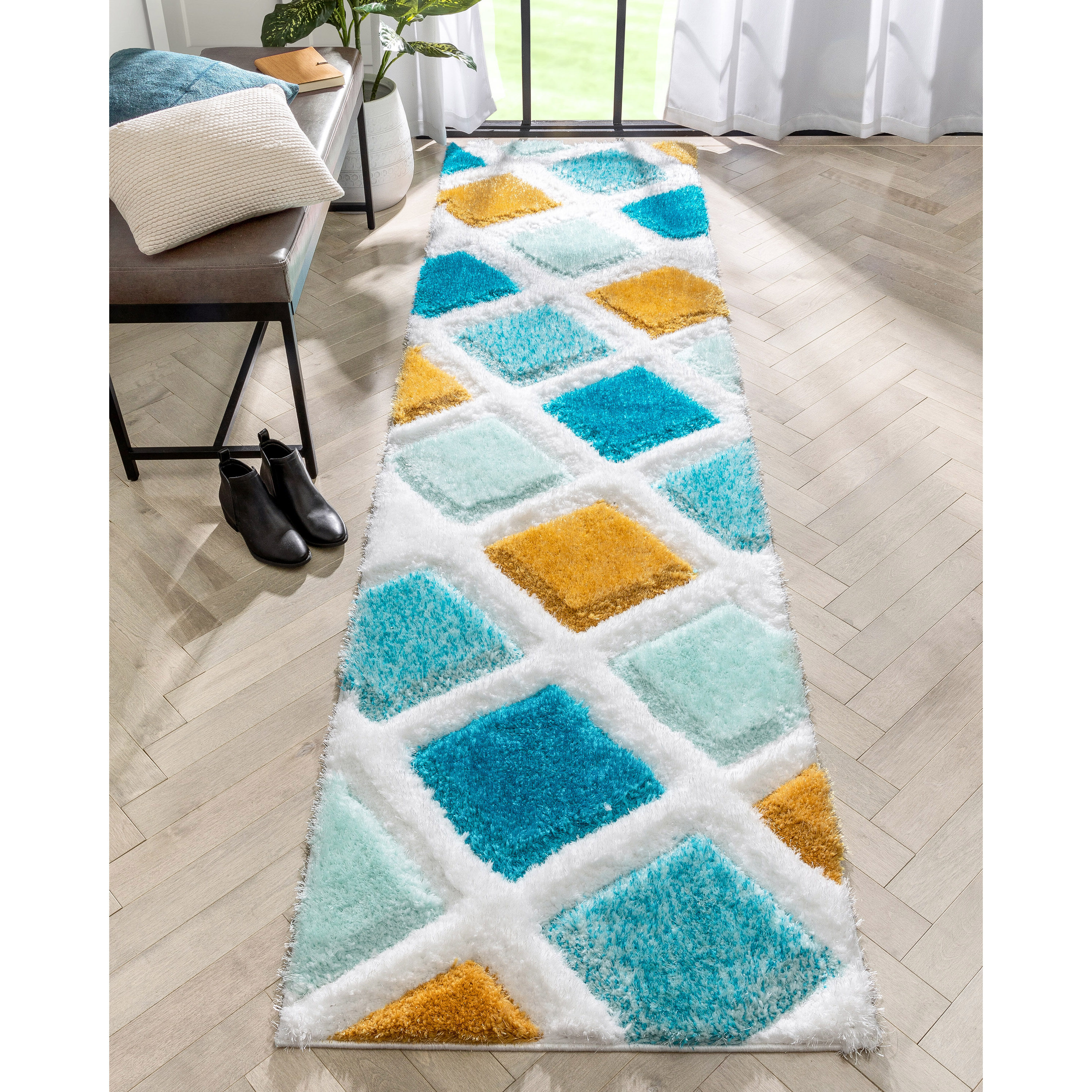 Well Woven SF-34-2L San Francisco 2 x 9 (ft) Loomed Polyester Blue Rectangular Indoor Geometric Mid-Century Modern Runner rug