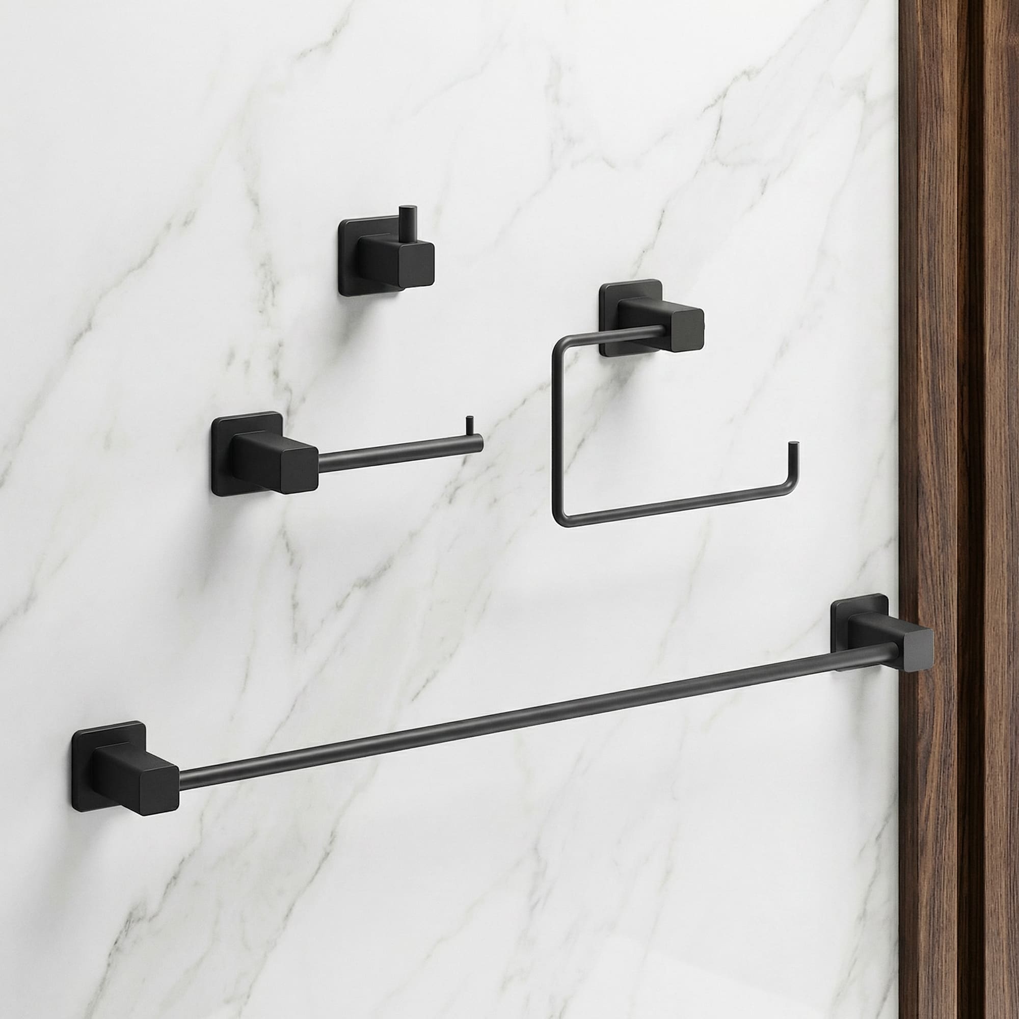 VIGO 4 -Piece Meridian Matte Black Decorative Bathroom Hardware Set Towel Bar, Toilet Paper Holder, Towel Ring ,Robe Hook Included