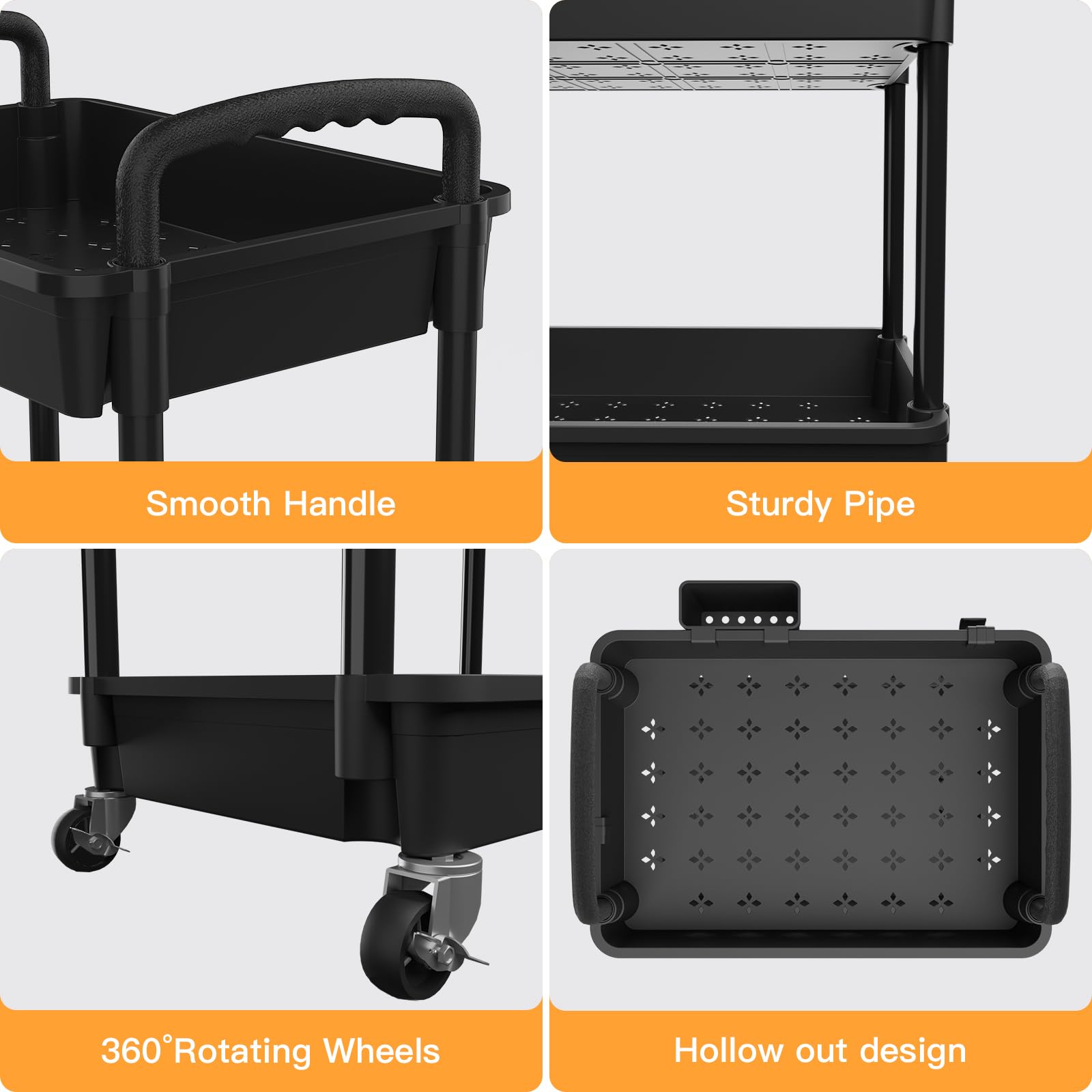 PUPWE Black 3 Tier With Handle Rolling Utility Storage Cart With Wheels ...