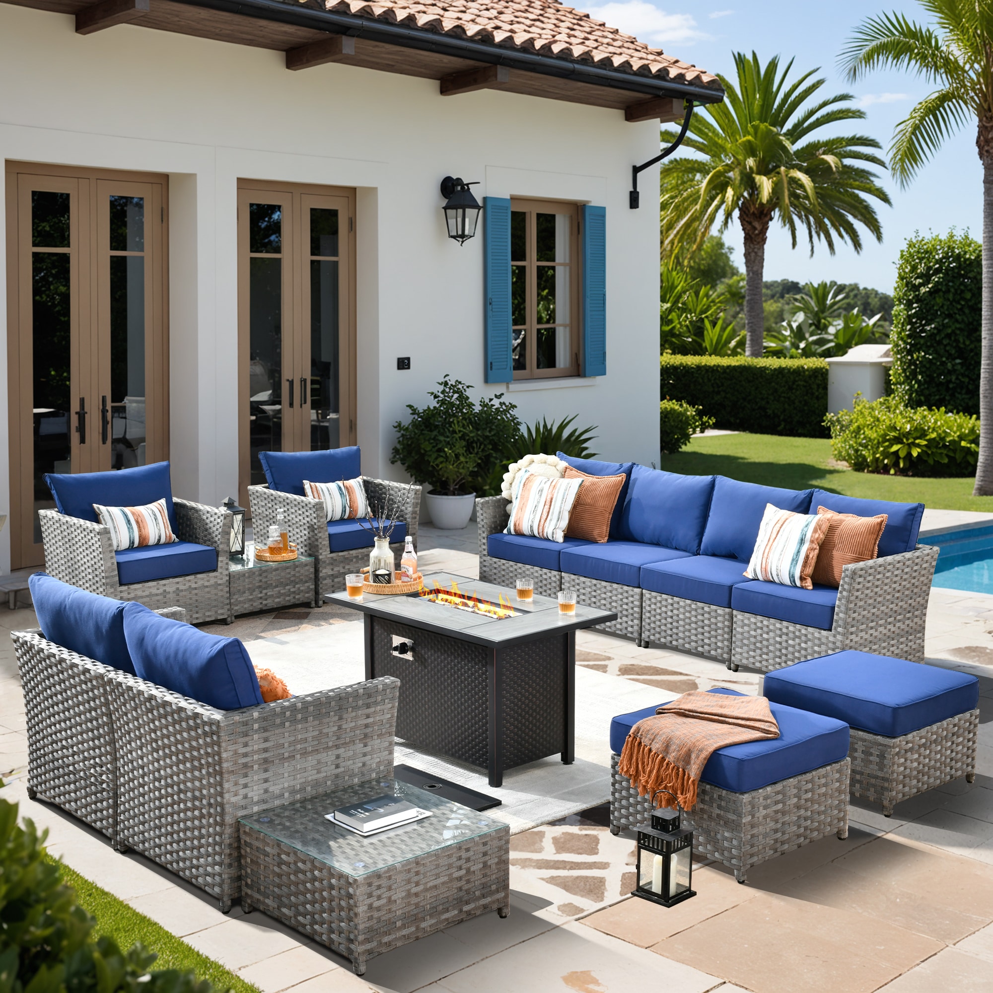 Pouuin SCFPBRS7012 Wicker Outdoor Sectional with Navy Cushions and Wicker Frame