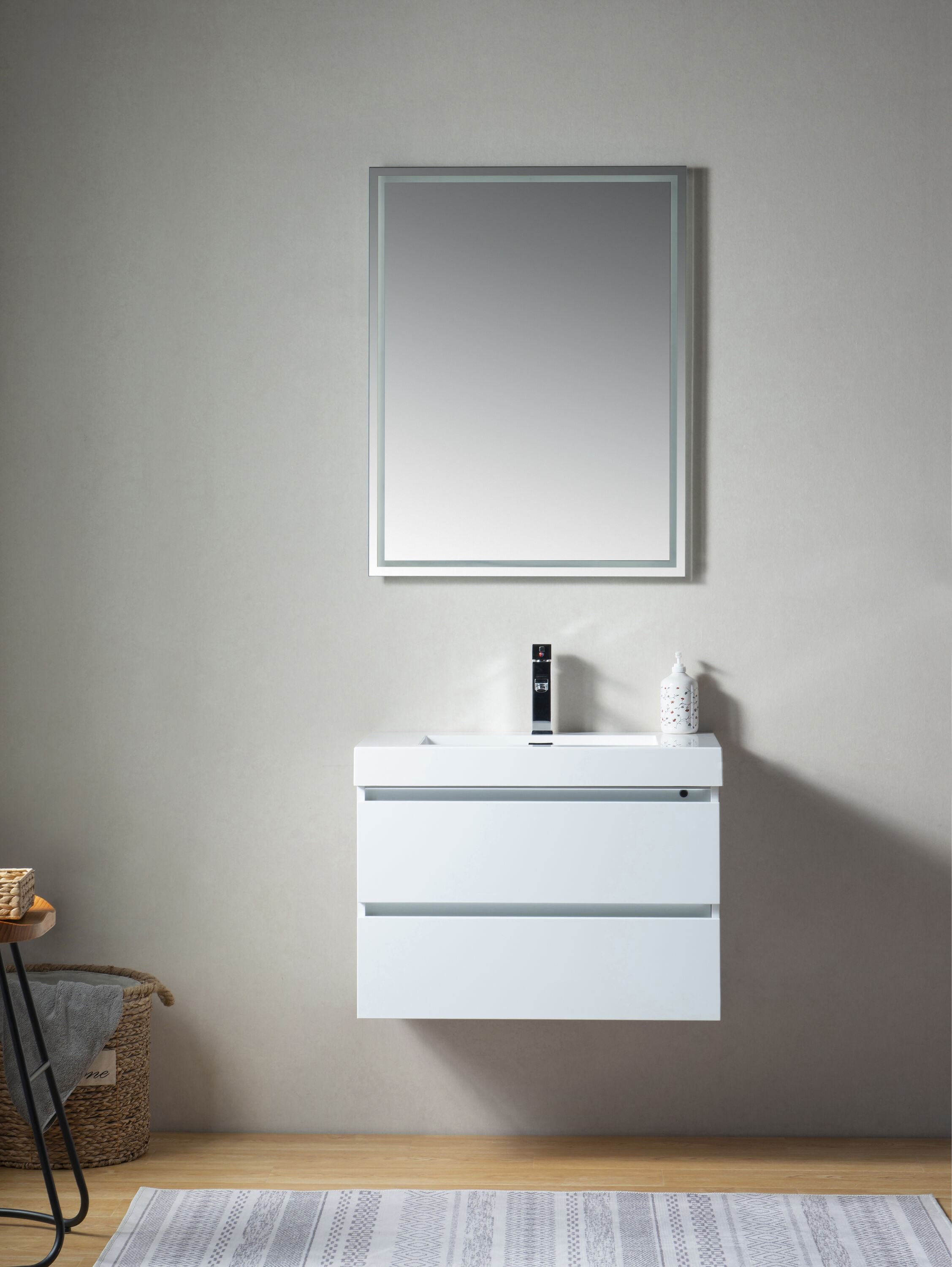 Glossy White Wall-Mount Single Sink Bathroom Vanity with Resin Top