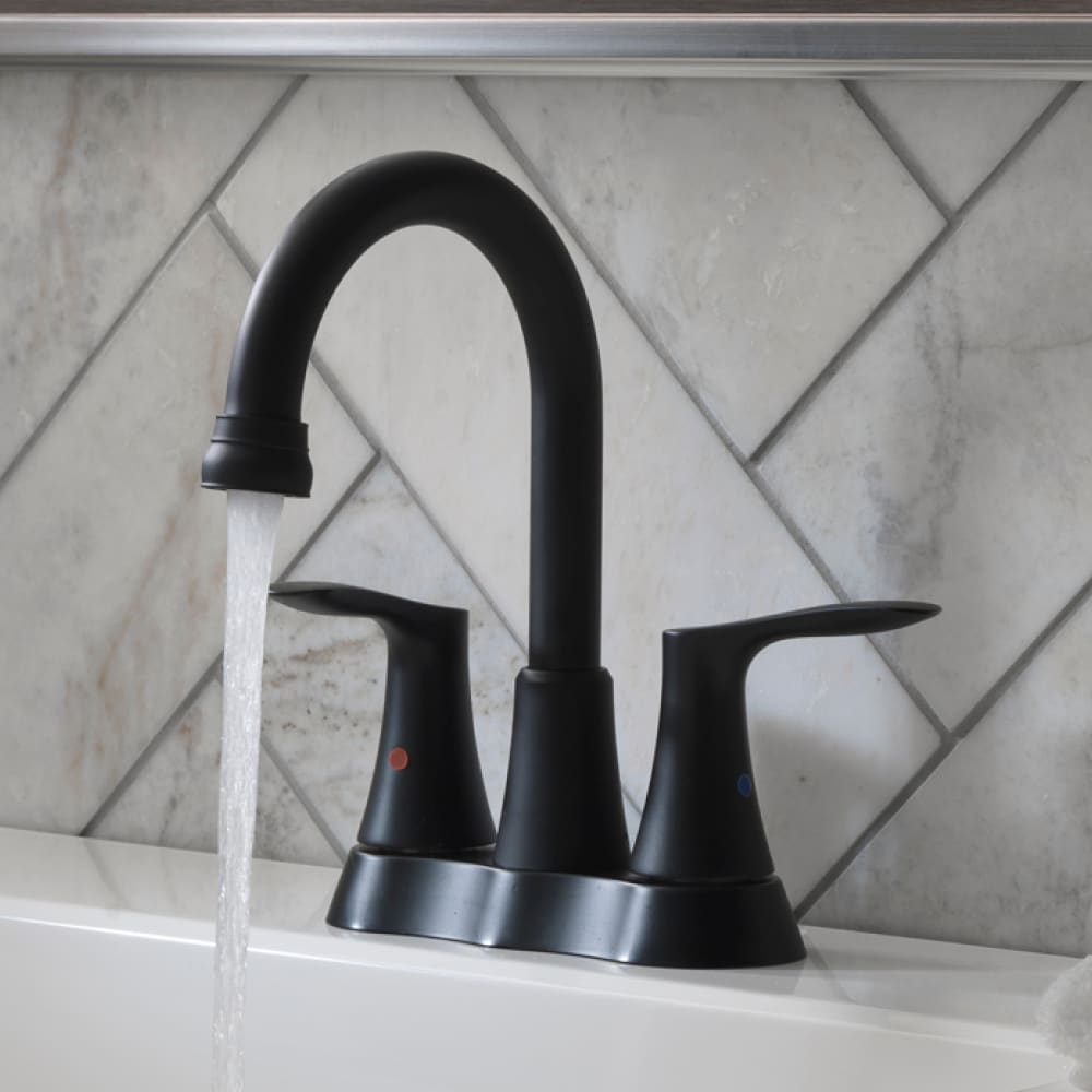 allen + roth 21-B43LEDLAVMB-AR Brookes Matte black 4-in centerset 2-handle WaterSense High-arc Residential Handle Bathroom Sink Faucet with Drain