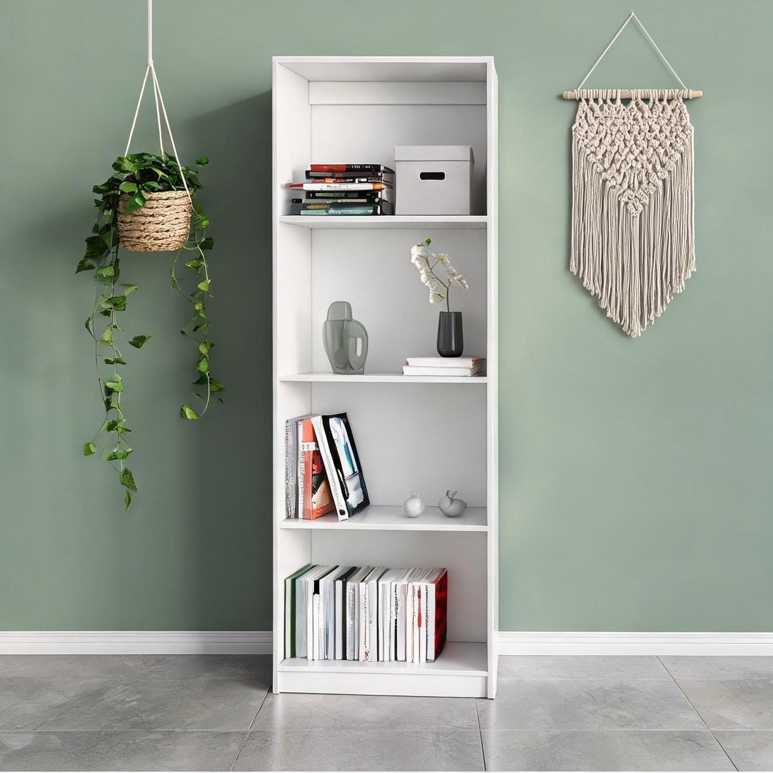 FlowLuxe Four-Tier Freestanding Bookcase in Classic White Engineered Wood for Ample Storage and Timeless Style