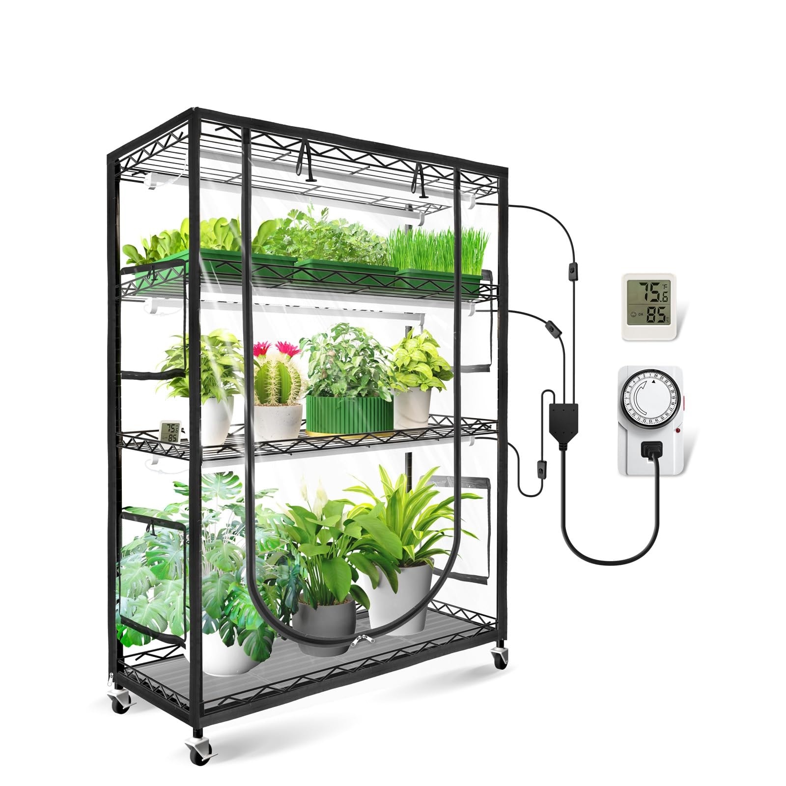 Oyezvary  indoor greenhouse kit with 6 full spectrum 5000K LED grow lights tiered lighting control timer thermo-hygrometer metal stand 35.4x13.8x59 inch