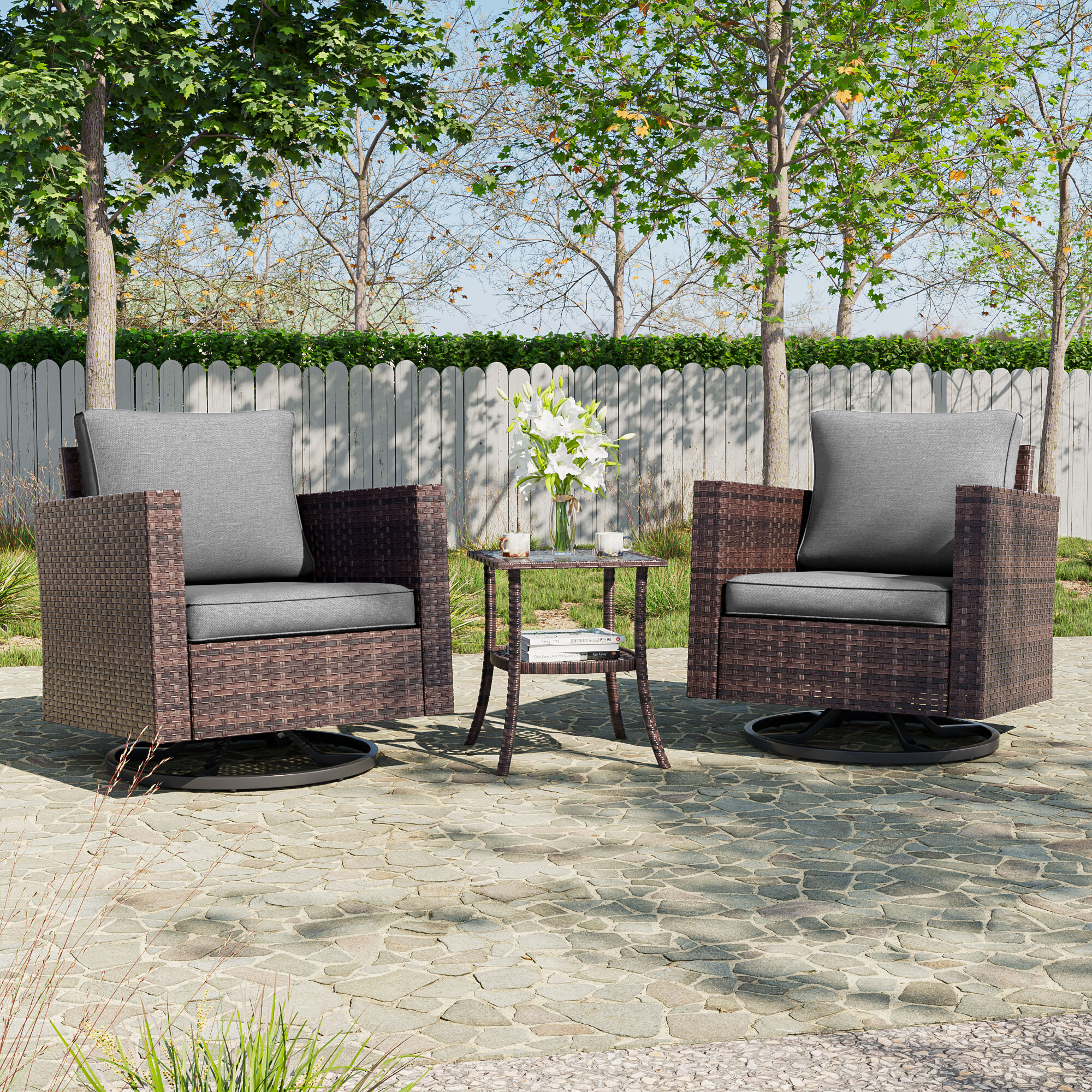 ACEGOSES LW-2R-BGY-T2 Patio Swivel rocker chairs 3 -Piece Wicker Patio Conversation Set with Gray Cushions