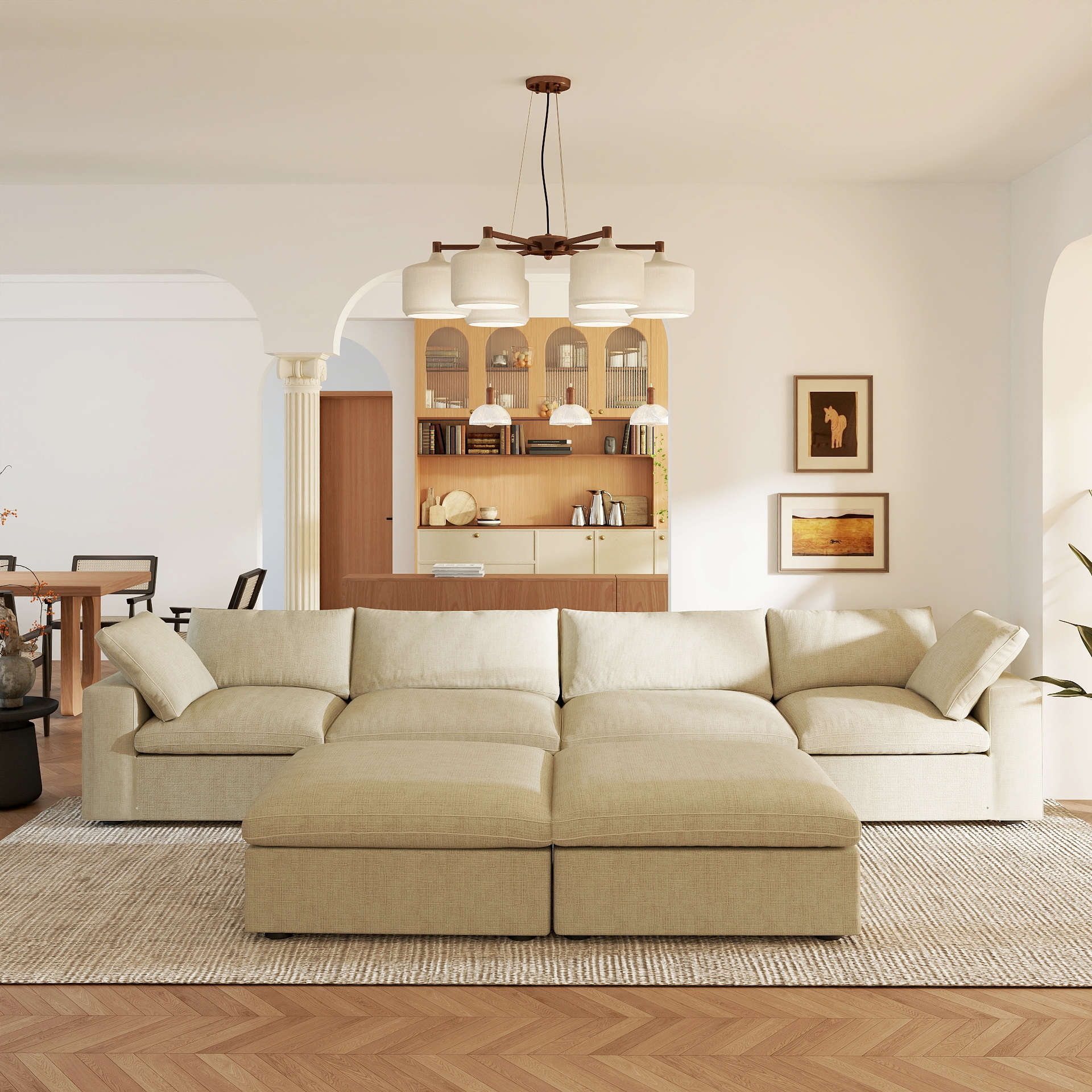 BuotiqHom DH-S4+2-121KH 157-in Modern Khaki (4 Seats + 2 Ottoman) Linen 4 -seater Sectional
