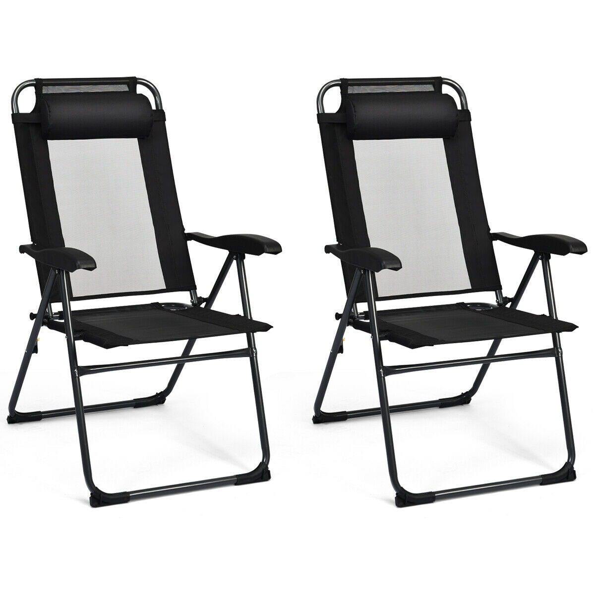 WELLFOR CHY-270PC2 CHY Patio Adjustable Folding Recliner Chairs Set of 2 Stackable Black Wood Frame Stationary Conversation Chair with Mesh Seat