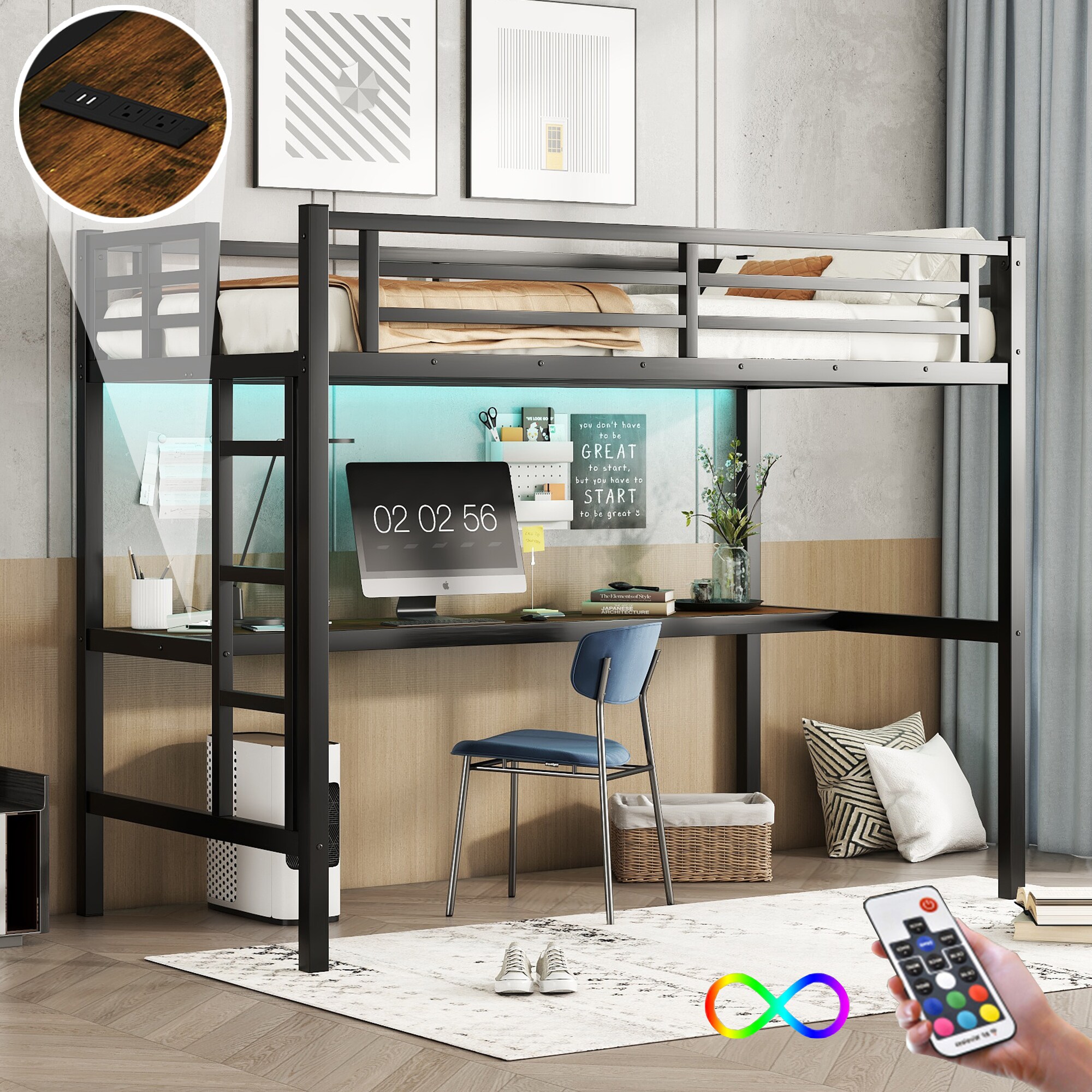LUXEYARD Metal Twin XL Size Loft Bed with Power Outlet and LED Lighted ...