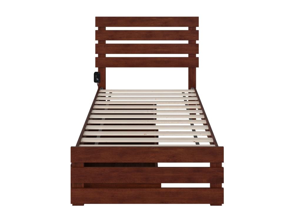 Walnut Twin Wood Platform Bed with Storage Drawers and USB Charger