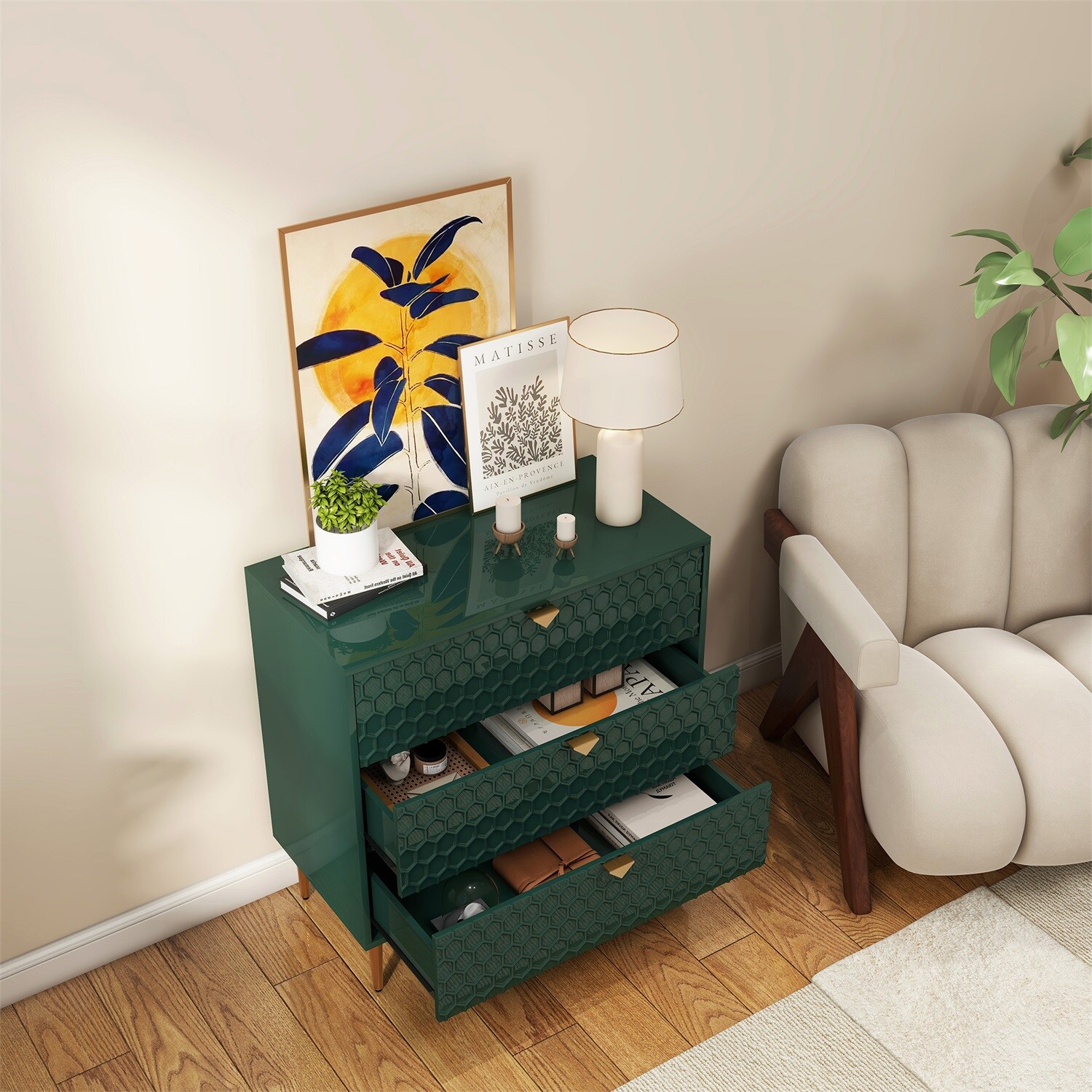 Green Honeycomb Pattern 3-Drawer Freestanding Office Cabinet