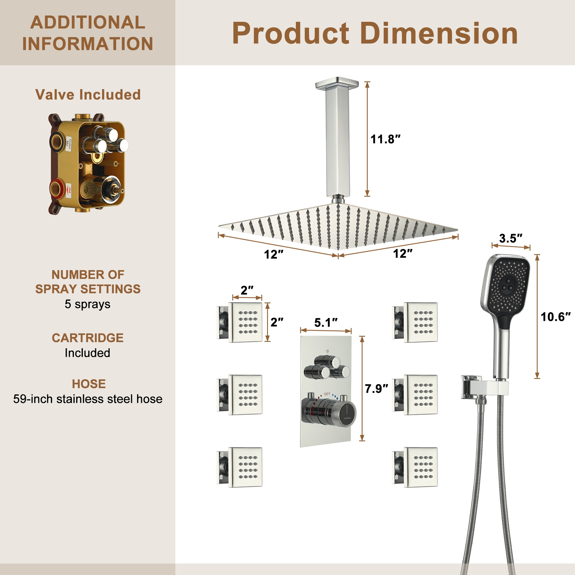 CASAINC M6627-B-10-MB Showerhead-Bar-Panels - View #9