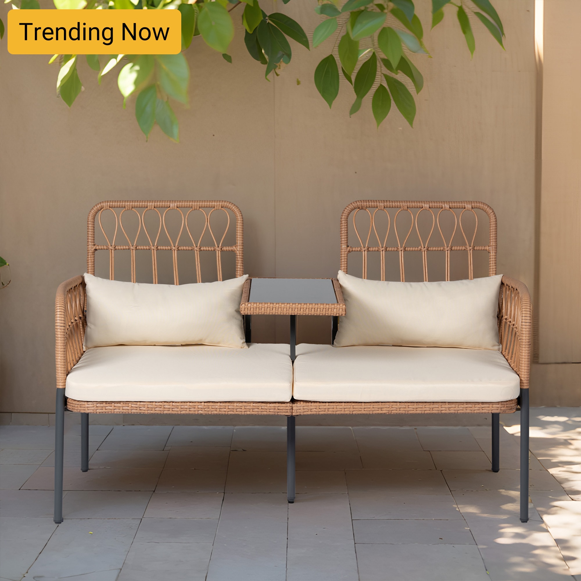 Grearden ZHST025-BG Rattan Patio Conversation Set with Off-white Cushions