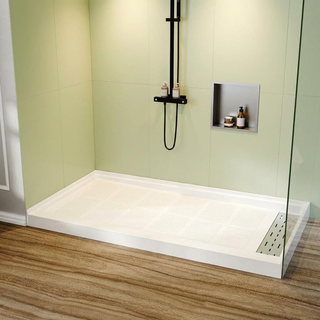 GAOMON Non-Slip Single Threshold Shower Base 60x36x4 Inch with Right Drain Stainless Steel Cover Drain Assembly Acrylic Shower Pan Kit for Shower Enclosure White