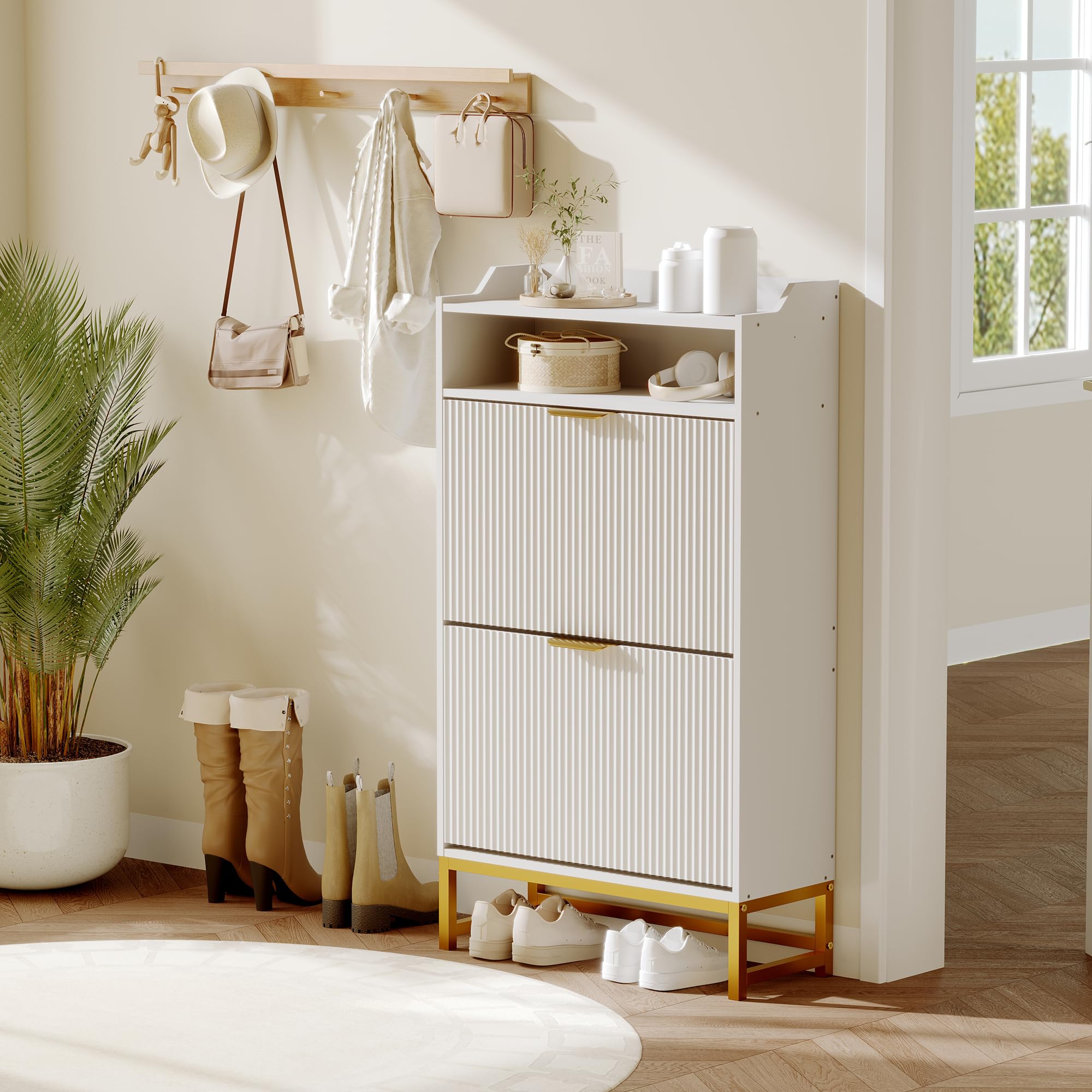 DEXSO 23.62x9.45x44.09 in Modern Fluted Narrow Shoe Cabinet with 2 Flip Drawers and Open Shelf White Entryway Storage