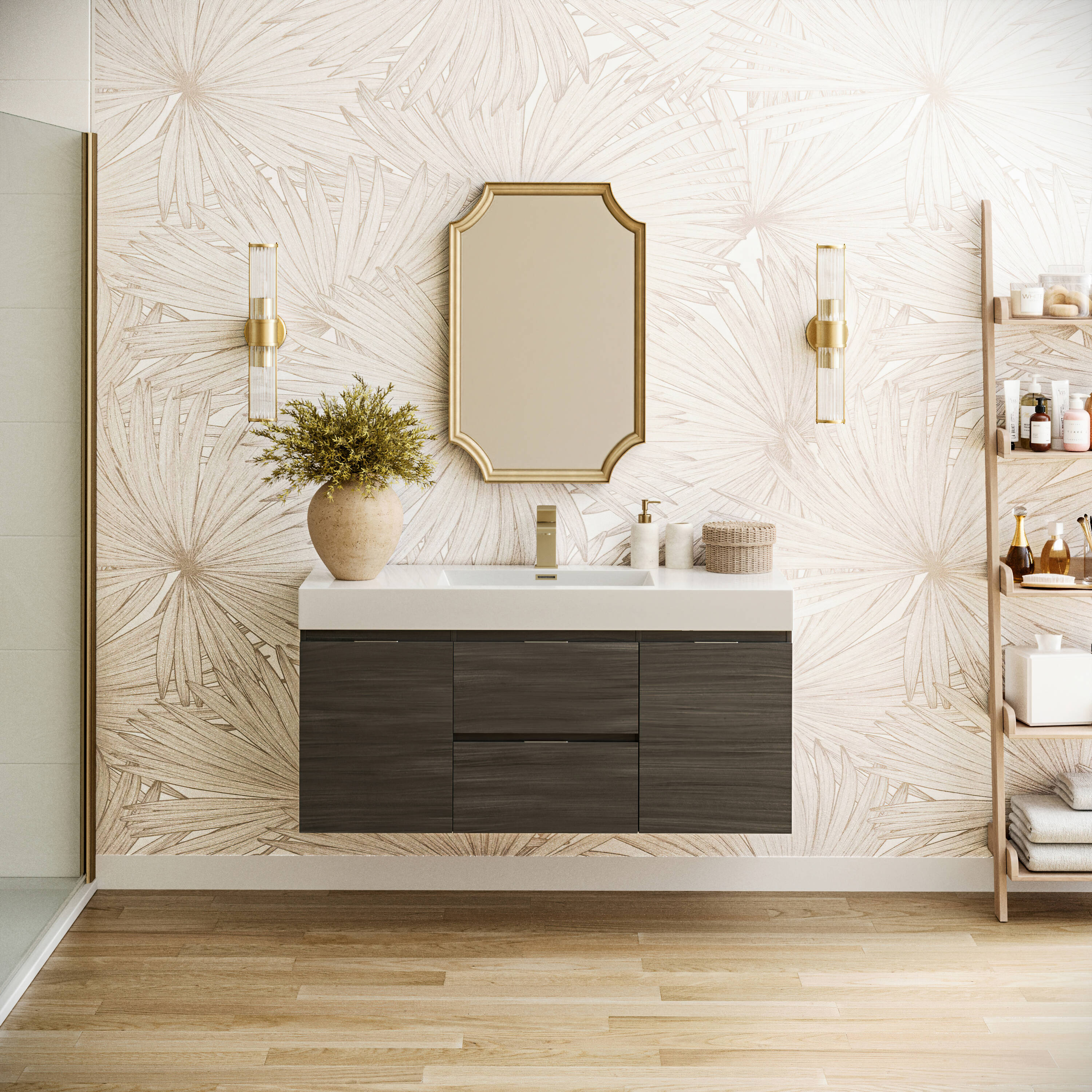 Fresca FCB8348GO-I Valencia 48-in Gray Oak Single sink Floating Bathroom Vanity with White Acrylic Top
