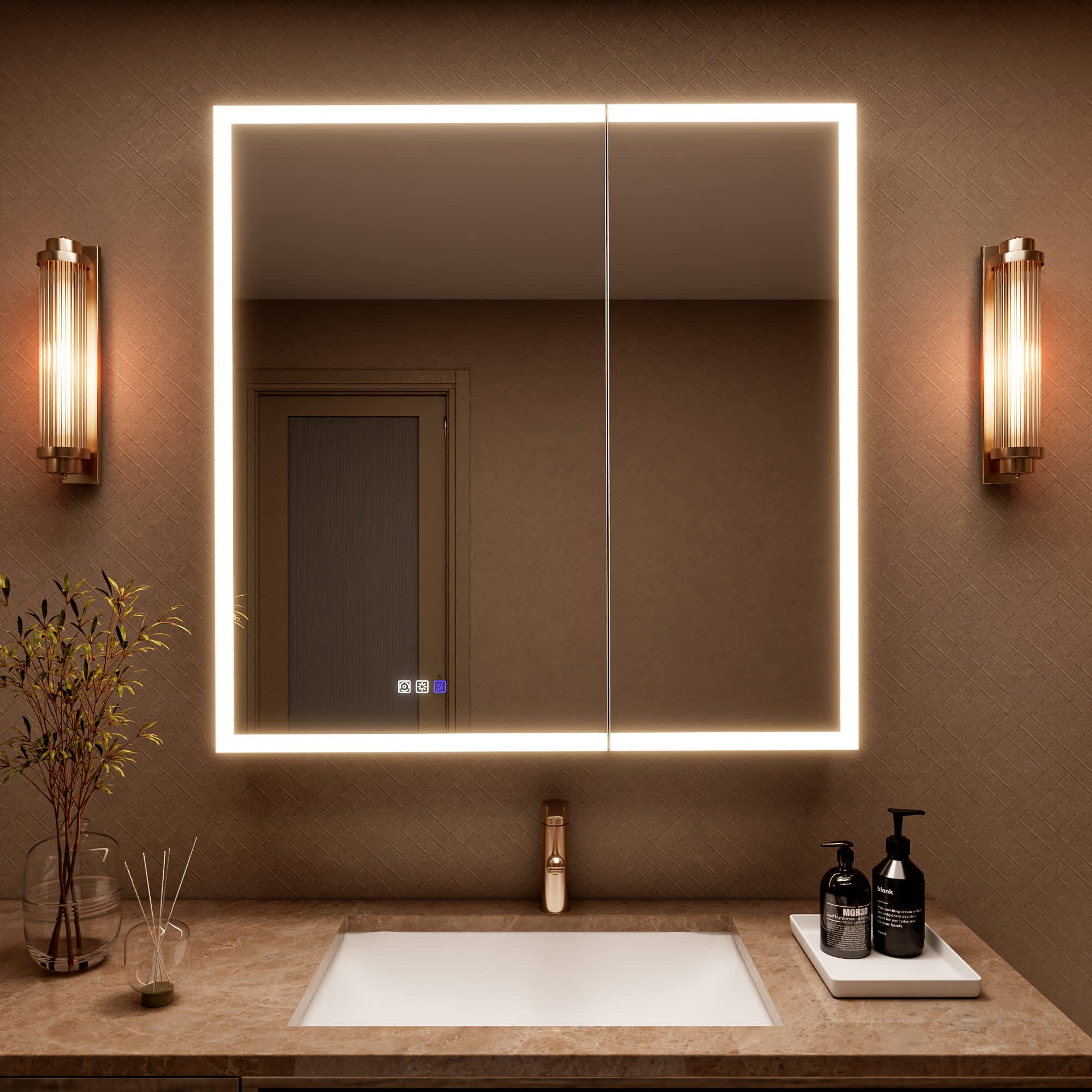 ExBrite 36-in W x 36-in H LED Lighted Aluminum Medicine Cabinet with Mirror Anti Fog Soft Close Door Surface or Recessed Mount
