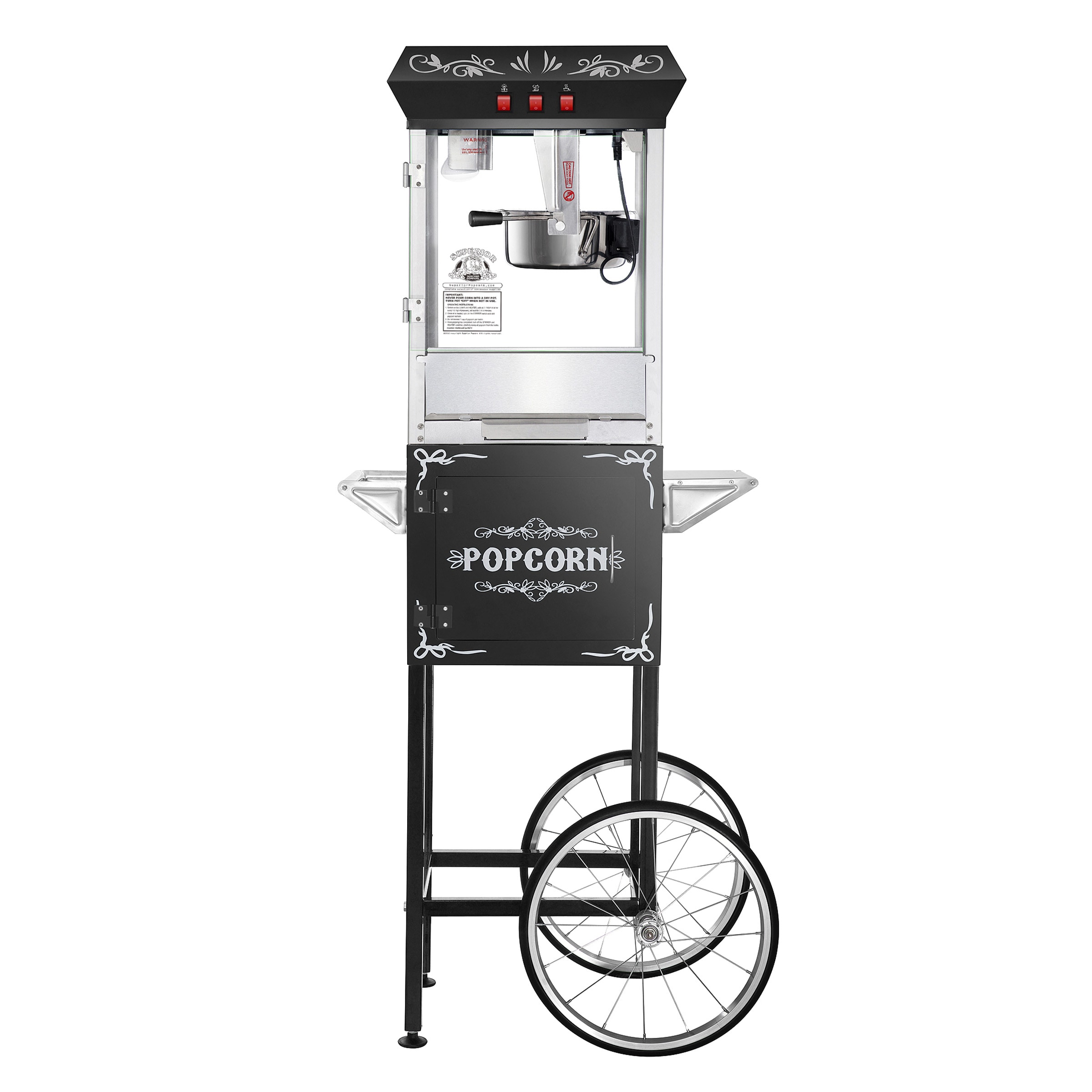 Great Northern Popcorn 83-DT6091 Popcorn Machine with Cart 8oz Popper with Stainless-steel Kettle, Heated Warming Deck, and Old Maids Drawer, Black Black Oil Freestanding Popcorn machine cart