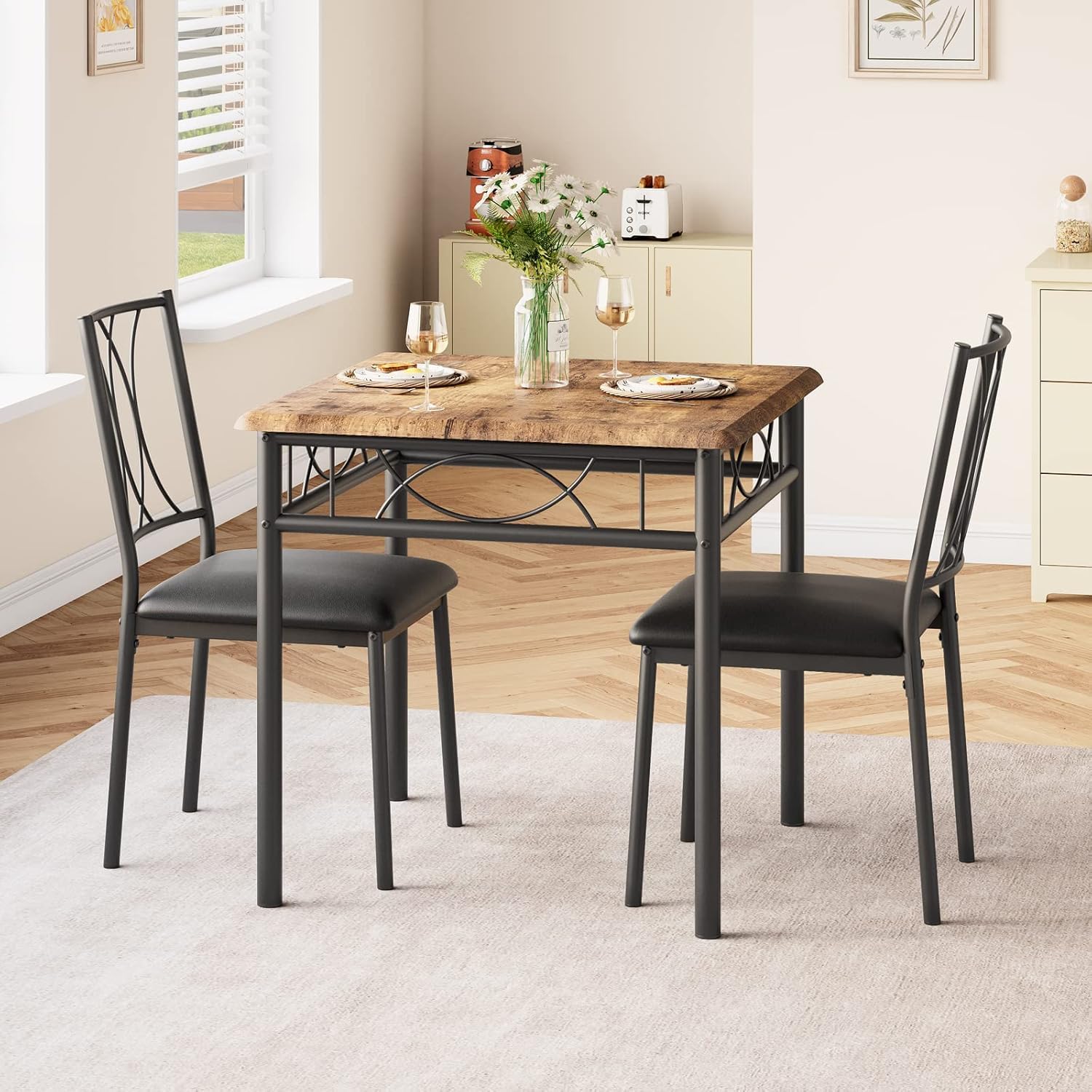 Garvee Rustic 3 Piece Double C Dining Set for 2 Square Metal and Wood Kitchen Table and 2 Upholstered Chairs Space Saving Small Kitchen Furniture for Apartment Rustic Brown