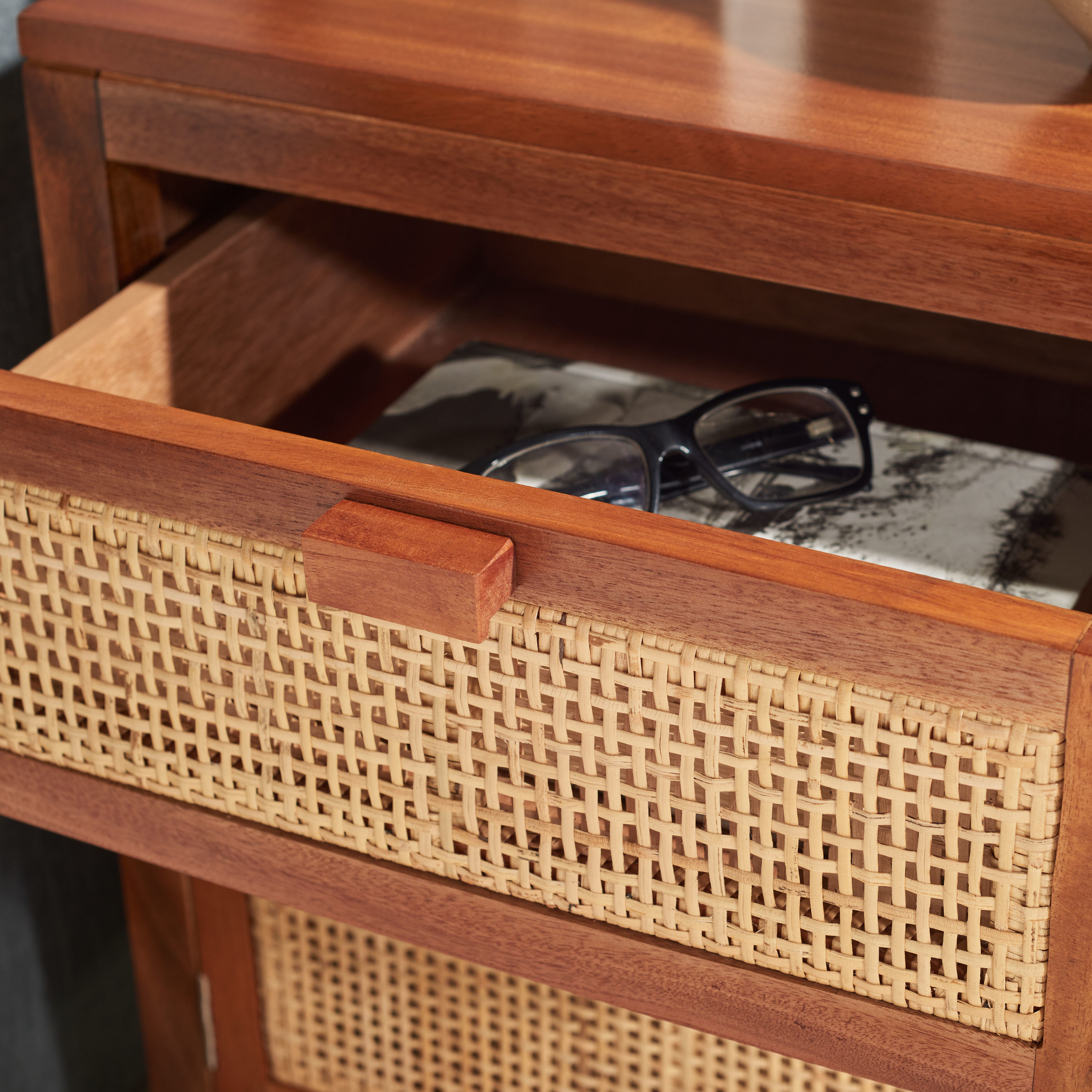 Coastal Natural Rattan & Mindi Wood 1-Drawer Nightstand