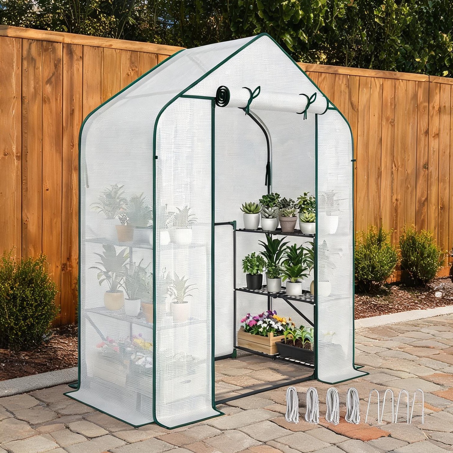 Tammesy - White Greenhouse with Walk-In Access Roll-Up Door and Tiered Shelving Steel and PE