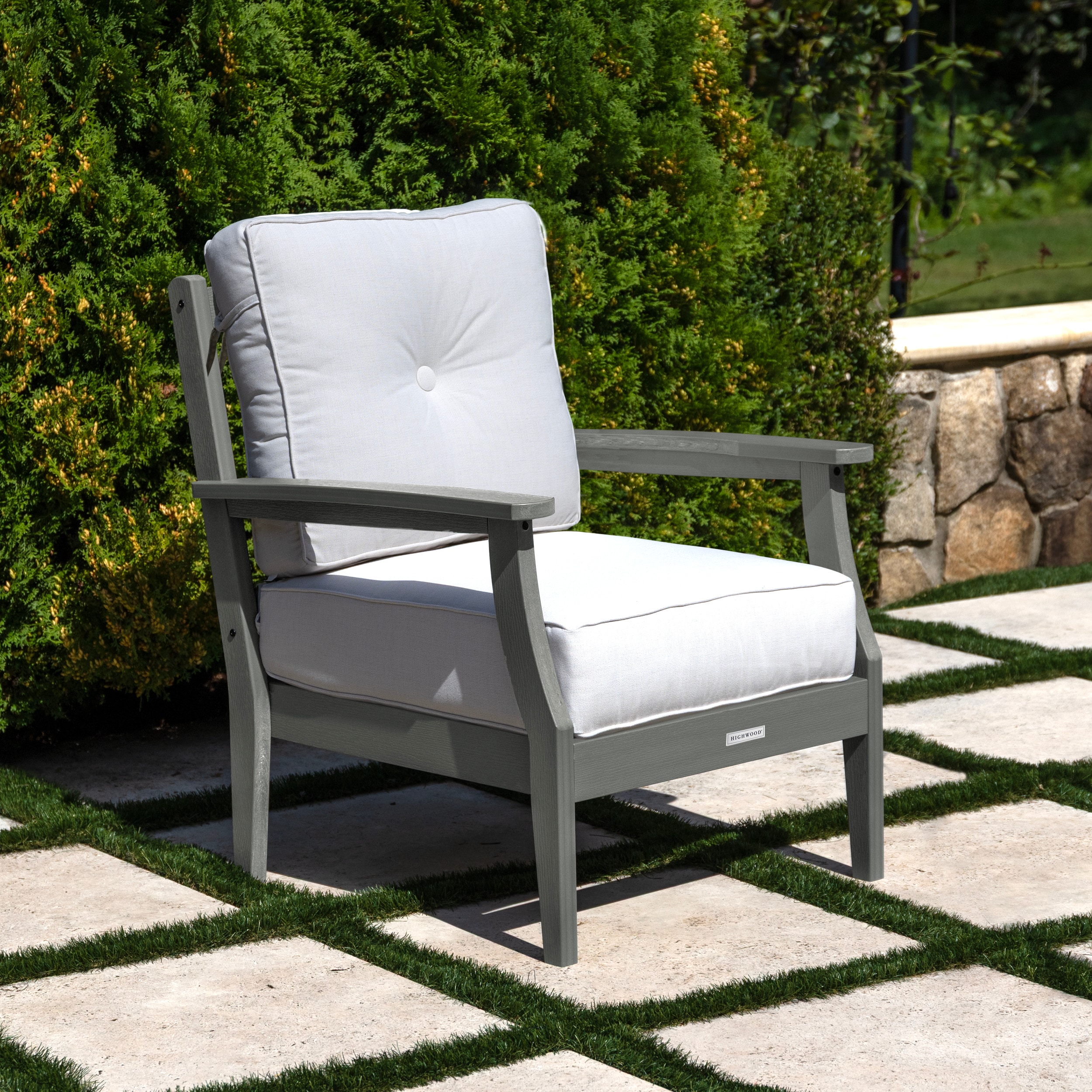 highwood Lehigh Coastal Teak Poly-lumber Frame Stationary Conversation Chair with Off-white Sunbrella Cushioned Seat