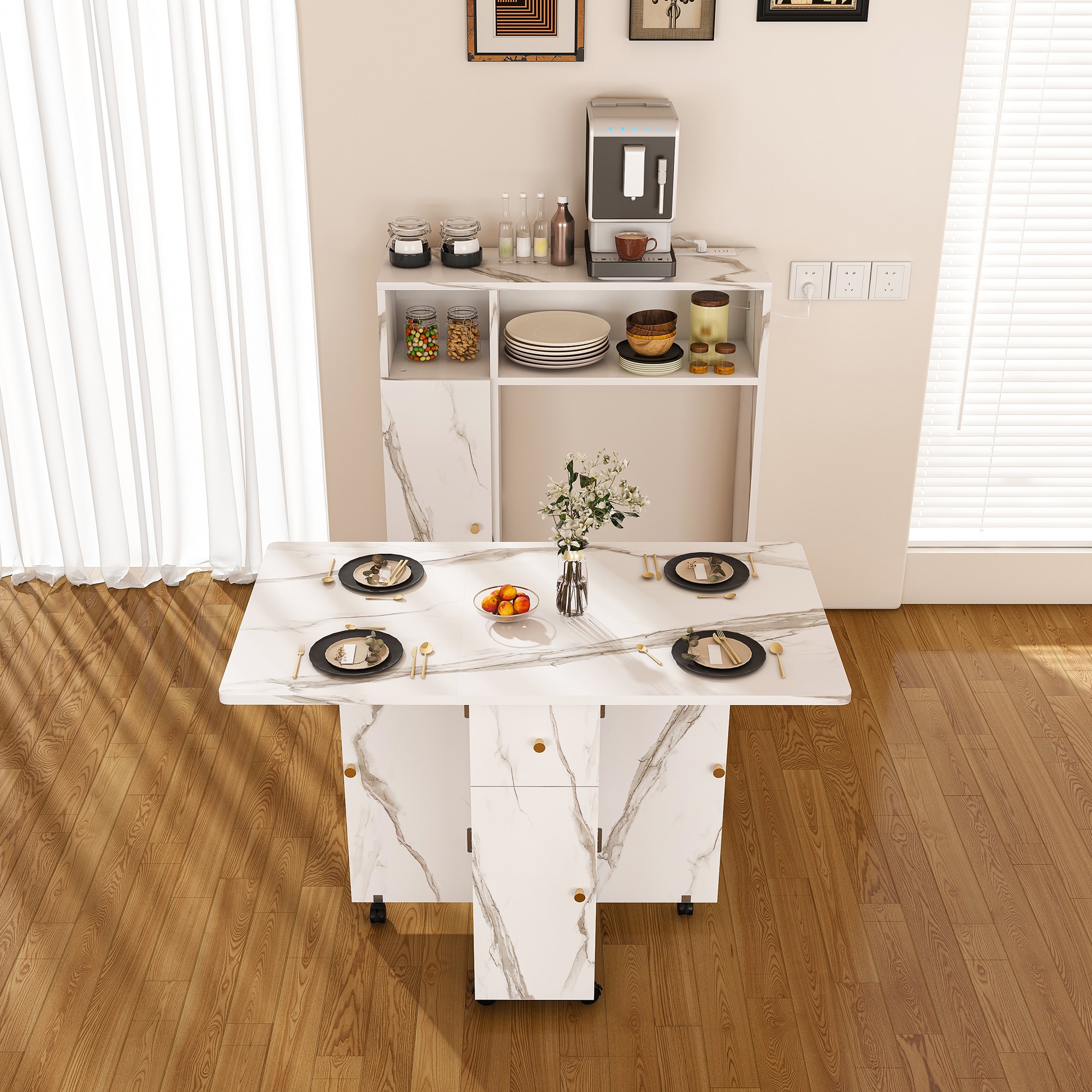 LOVMOR SF-Y-W2700P292104 Multifunctional Folding Dining Table with Wall Mounted Sideboard and Storage for Small Apartments
