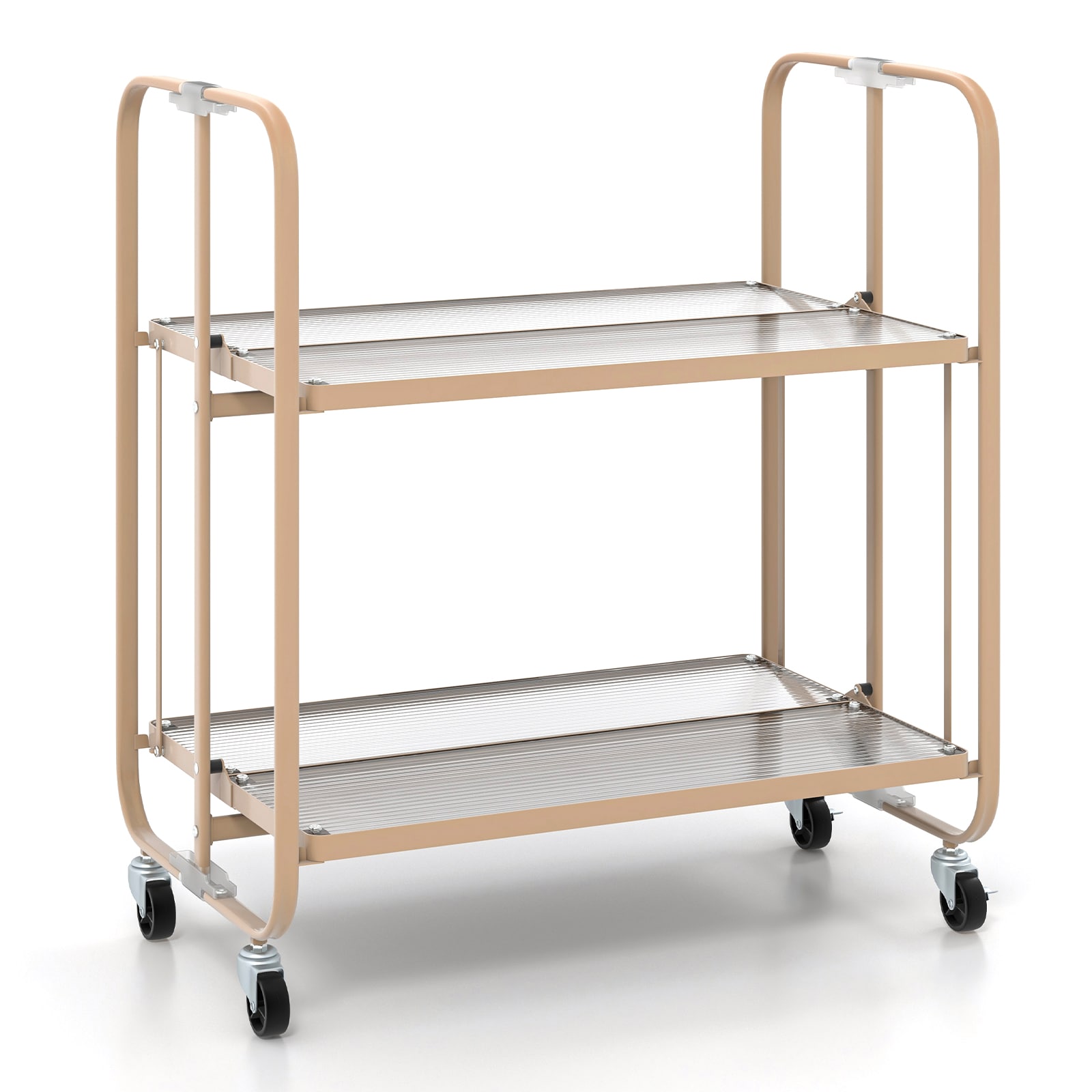 Slickblue D-CO-DG89455CK 2-Tier Golden Metal Base with Tempered Glass Top Rolling Kitchen Cart with Foldable Design (26 Inch W x 16 Inch L x 28.5 Inch H) for Food Prep or Serving