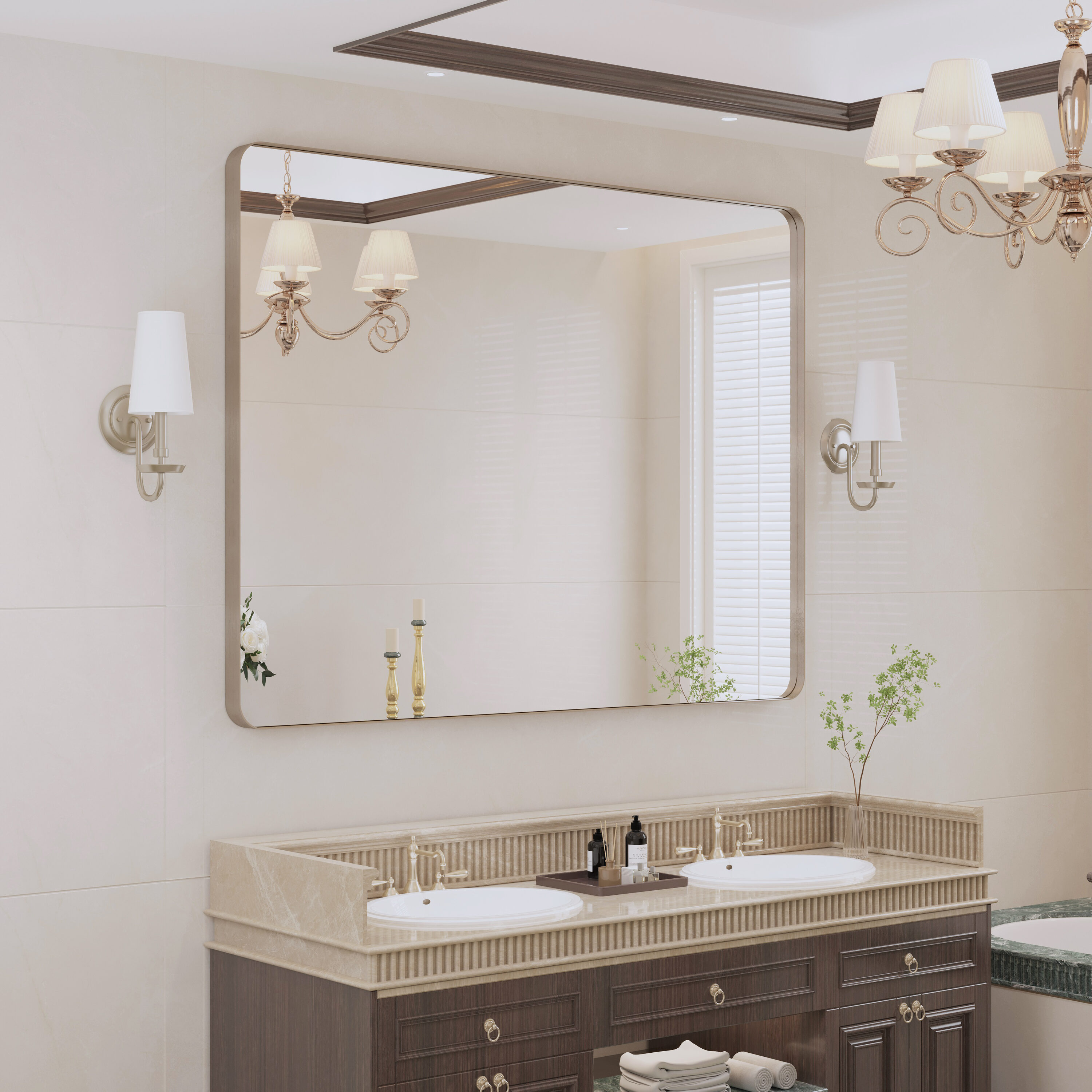 Yulika Ptjz 48-in x 36-in Framed Rectangle Bathroom Vanity Mirror ( Brushed Nickel )