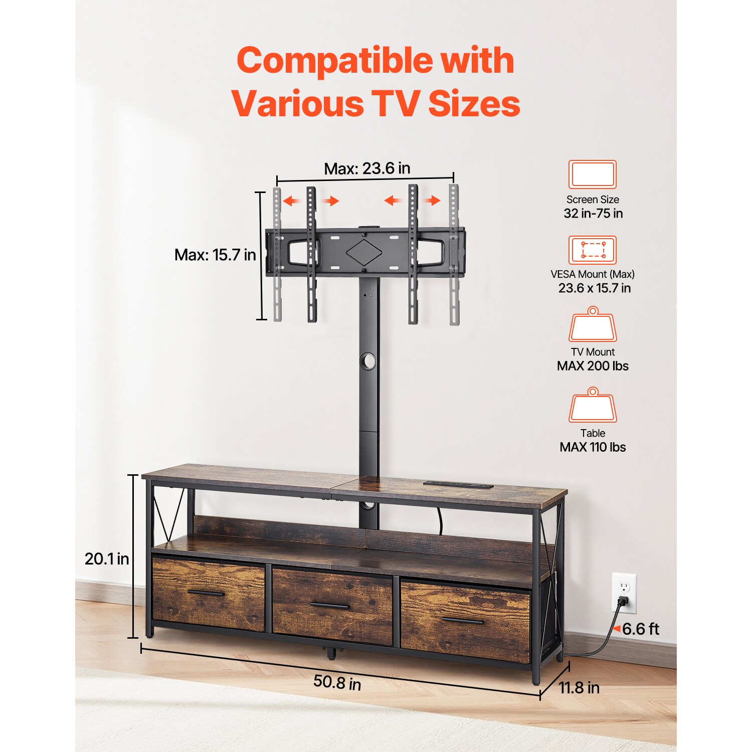 VEVOR 52in TV Stand with Mount for up to 75 in TVs Entertainment Center ...