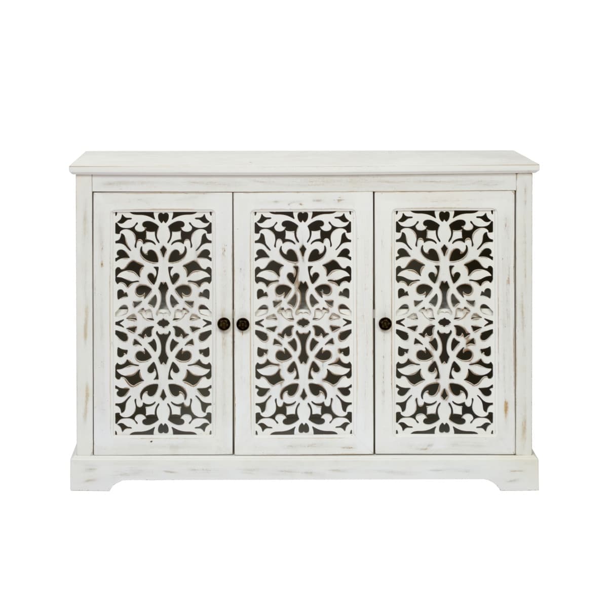 Maison Boucle ALVER-CABINET-WHITE White Antique Sideboard Cabinet with Carved Doors Vintage Distressed Buffet for Hallway Storage