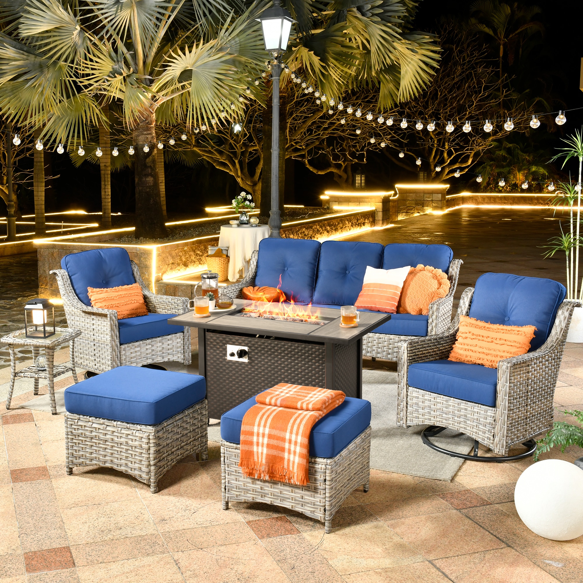 weaxty HMBCFP03-PAD706 Aireno 7 -Piece Rattan Patio Sofa Conversation Set with Blue Cushions