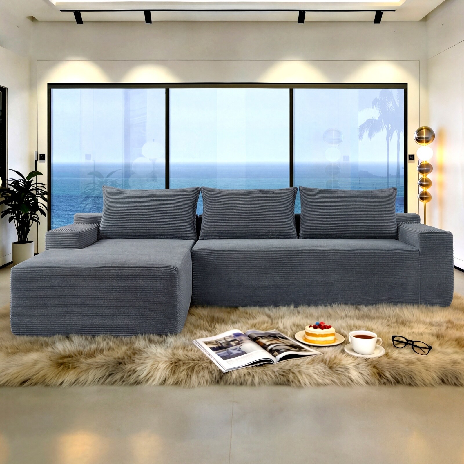 Horizons Prime - 97 inch Grey-Blue Plush Corduroy Fabric Cloud Sectional Couch with U-Shaped Chaise