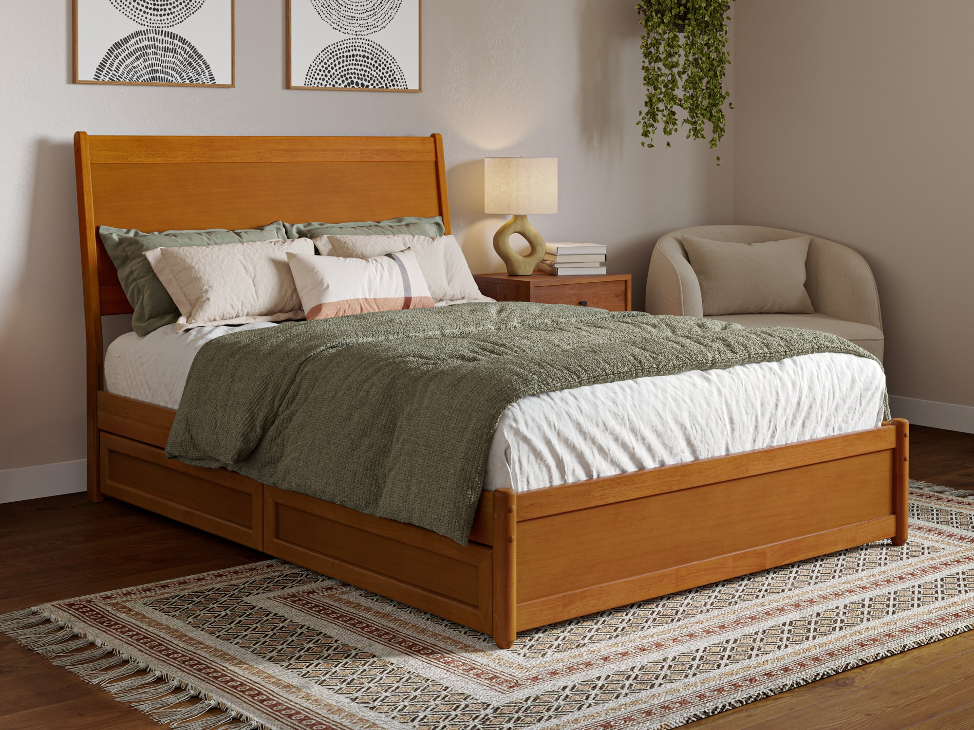 Light Toffee Full Wood Platform Bed with Storage Drawers