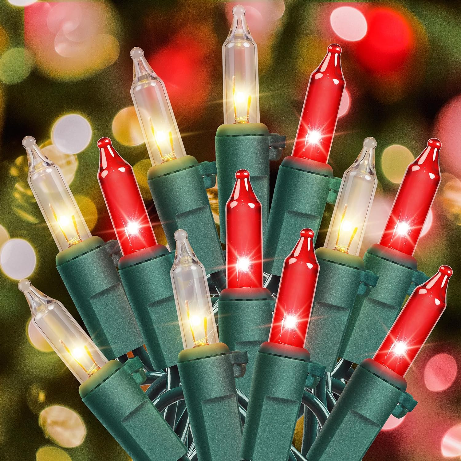YOUNGAR  13-FT 50-Count Red and Clear Incandescent Christmas Mini Lights Set with Green Wire IP44 Waterproof Copper Conductor String Lights Built in Fuse 110V Stackable Plug for Indoor Outdoor Christmas Tree Patio Wreaths Garden Decor