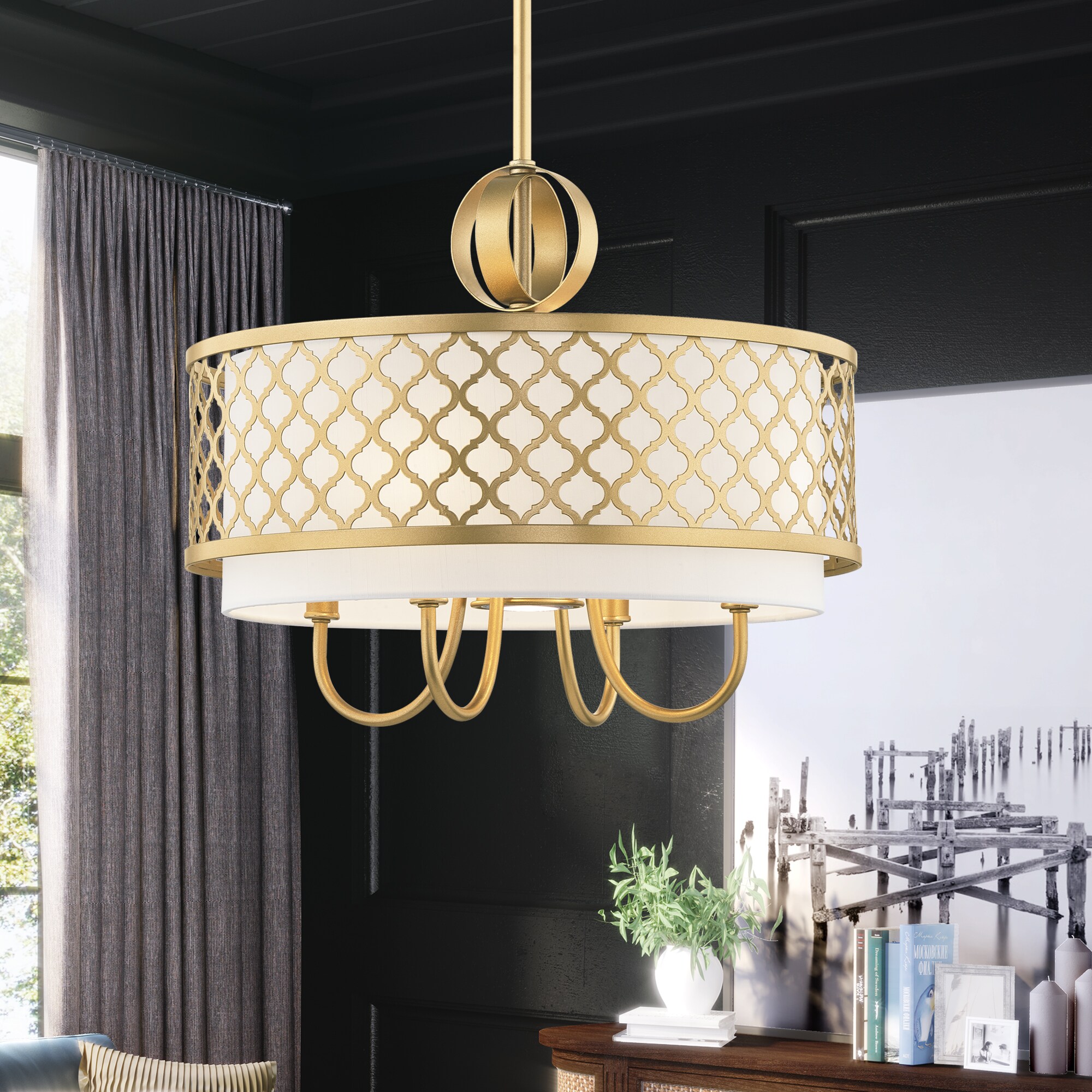 Soft Gold 5-Light Indoor/Outdoor Drum Chandelier