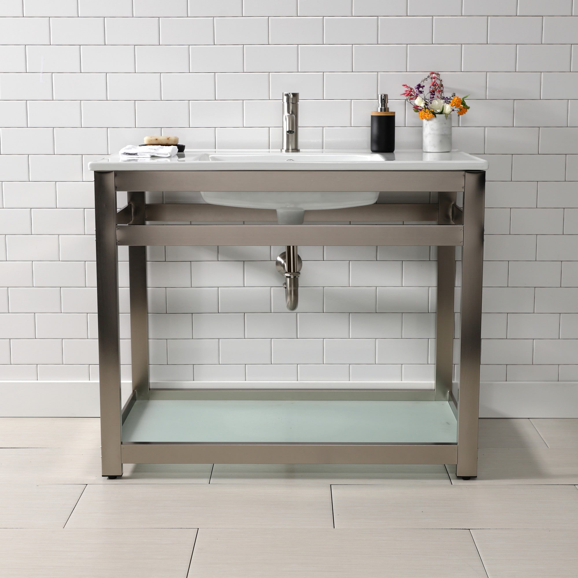 Kingston Brass WLVWP3722B8 Quadras Ceramic Drop-in Rectangular Modern White/Brushed Nickel Bathroom Sink ( 37.38-Inches x 22.06-Inches )