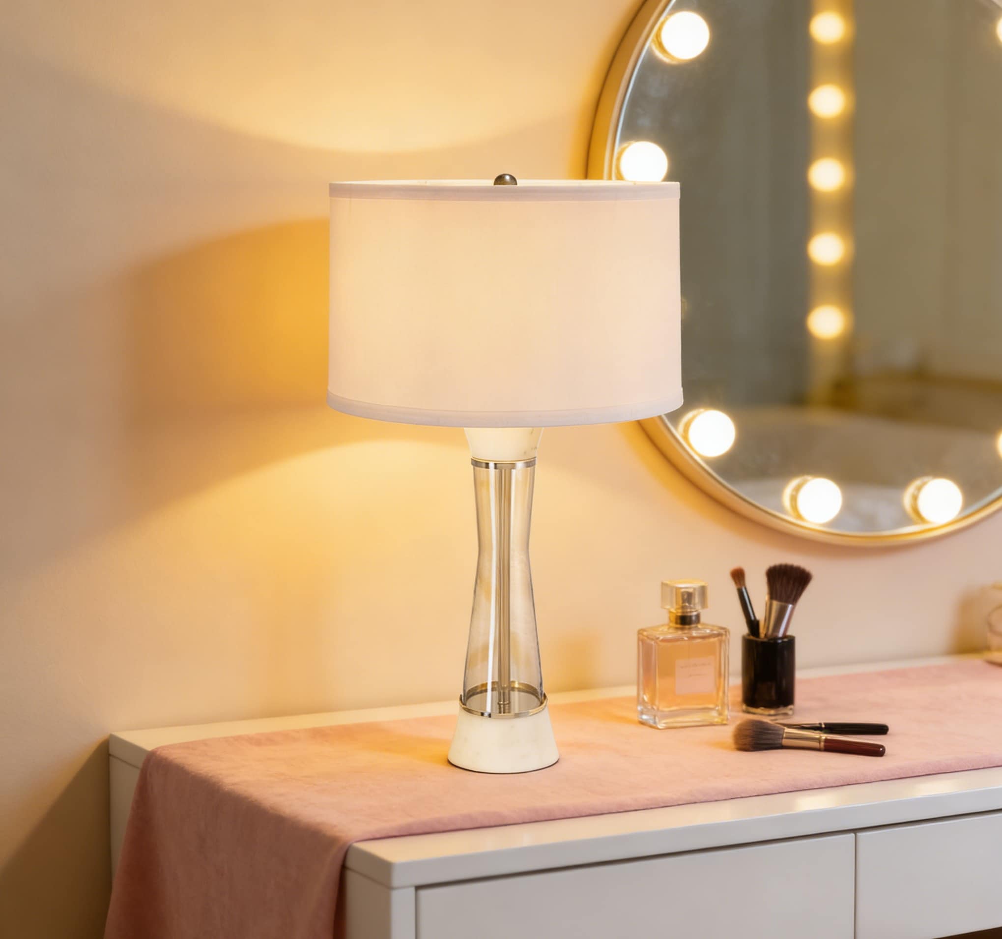 Sevenine Axisray H30 in'' Silver Transitional Marble Table Lamp For Living Room with Glass Cylinder Base and White Shade No Bulbs Included