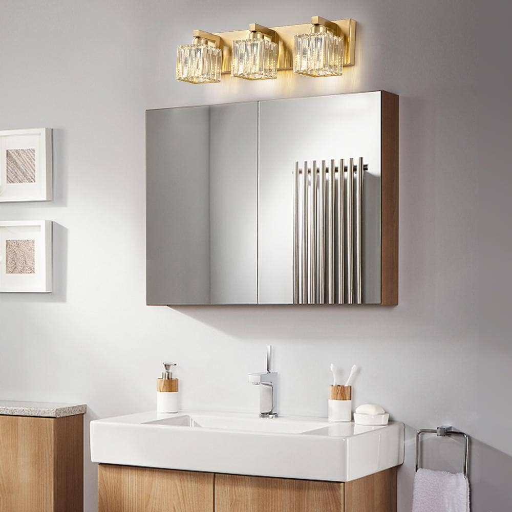 Gold Crystal 3-Light Bathroom Vanity Fixture with Square Shades