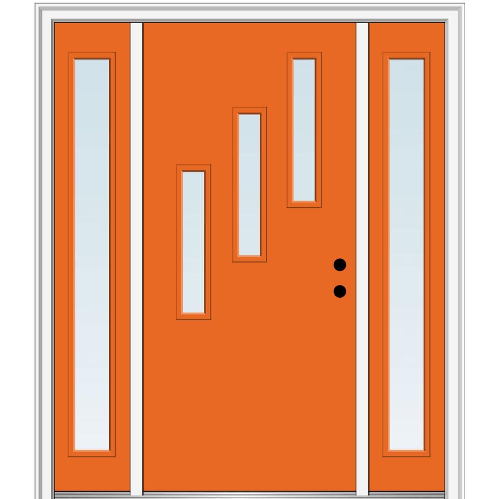 MMI DOOR ZZ349459L Spotlights 64-in x 80-in x 6-9/16-in Fiberglass Pulse lite Left-hand inswing Tangerine Painted Prehung Front Door with Sidelights with Brickmould Insulating core