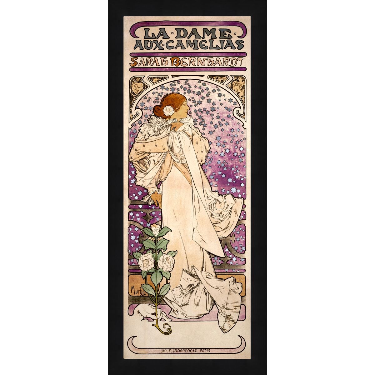 Tangletown Fine Art BH58752P114-1643 La Dame, Aux Camelias, Sarah Bernhardt Alphonse Mucha Black Wood Framed 47-in H x 20-in W People Paper Print