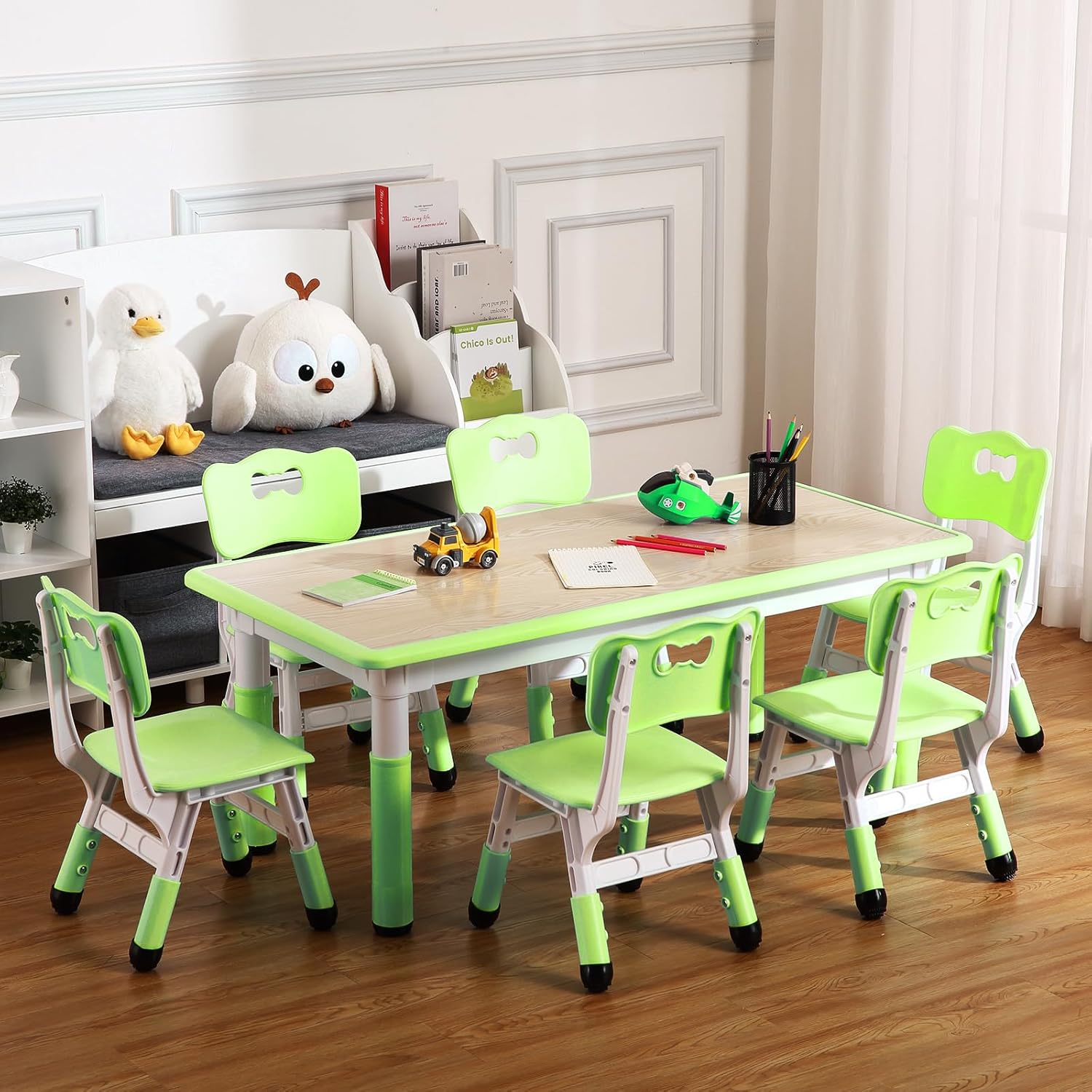 Garvee Kids Table and Chairs Set Toddler Height Adjustable Desk with Graffiti Desktop 6 Seats