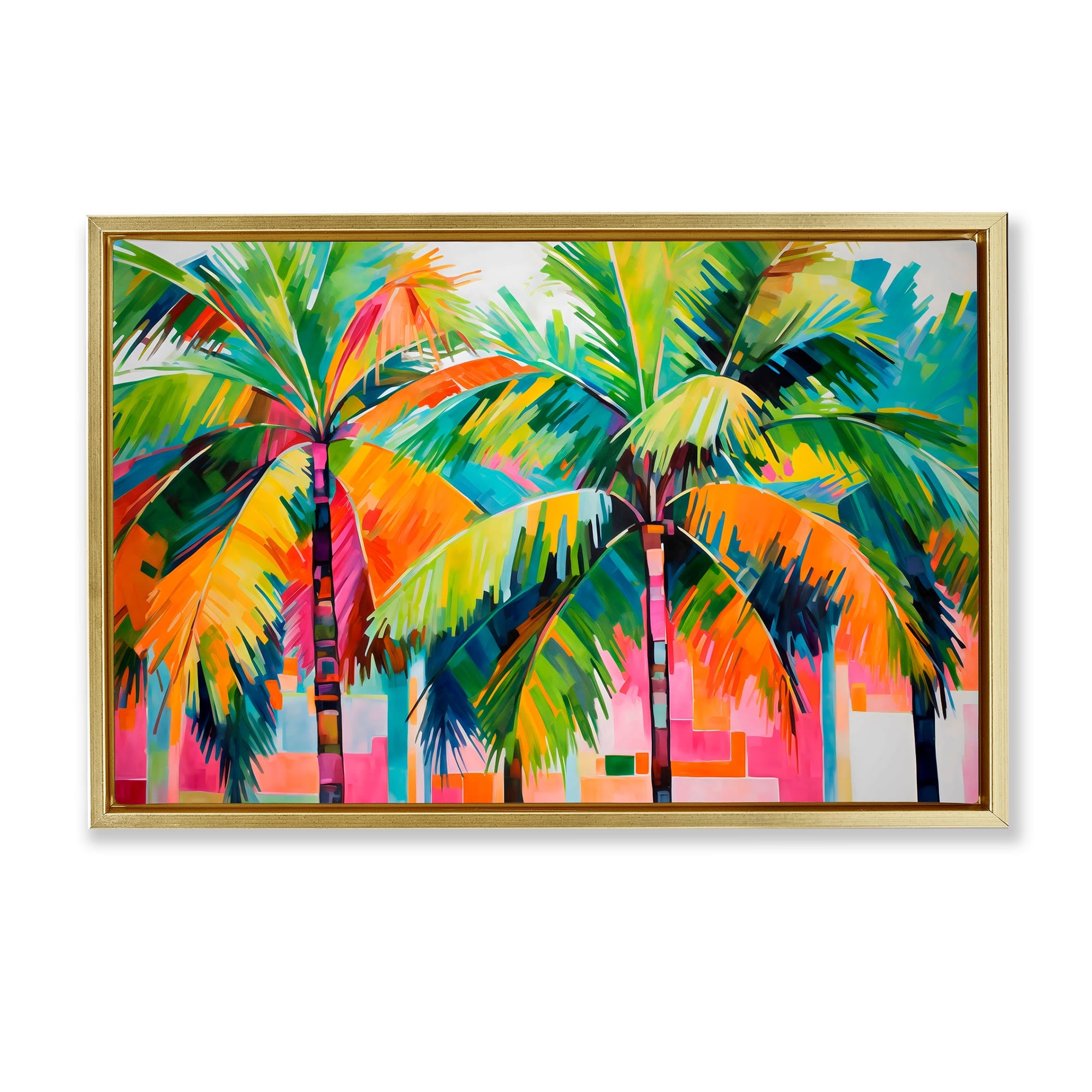 Stupell Industries BZ-099-FFG-16X24 Bright Mod Palms and Rectangles Gold Floating Frame Canvas Art 25 x 17